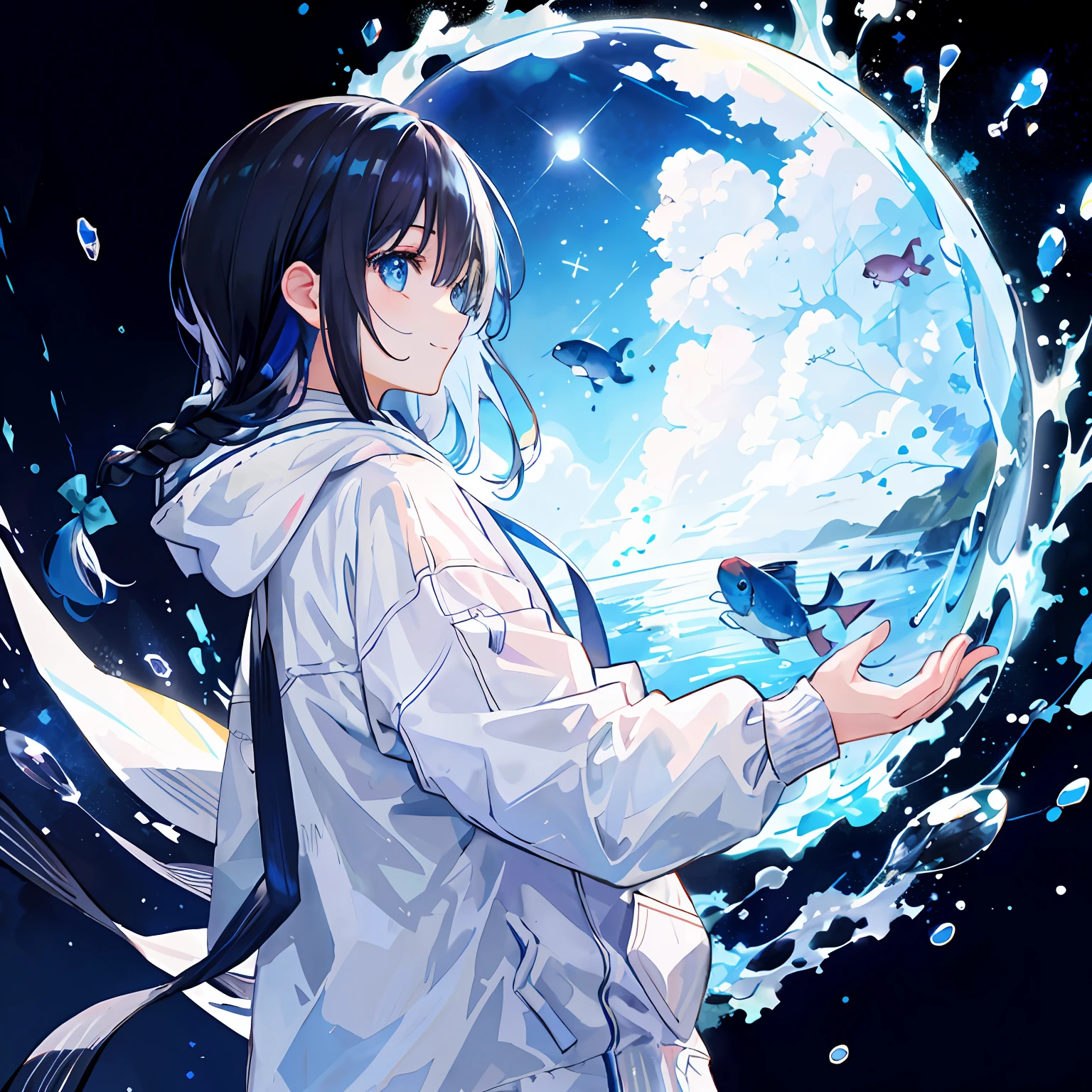 ((top-quality)), ((​masterpiece)), ((ultra-detailliert)), (extremely delicate and beautiful), Mystical、Male child, 独奏,bustup ,The upper part of the body、A dark-haired, depth of fields,A smile,Bubble,Fish、Big fish、Southland、 boyish、A simply dressed、under the water, ,Bright blue eyes,One-sided braid、Inner color with black hair and blue tips,Cold background,Semi-long 、White sheer hoodie、profile