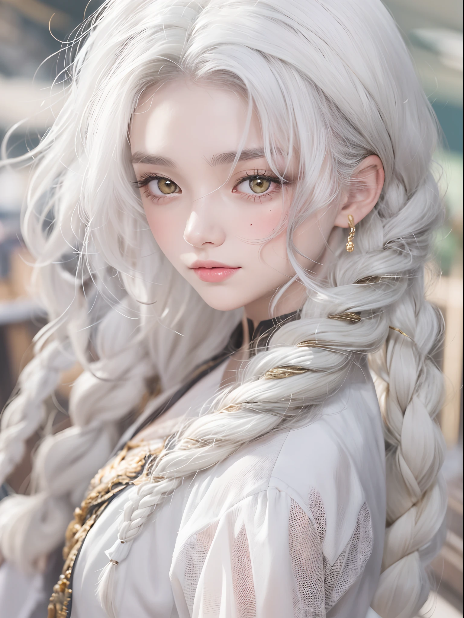 best quality, masterpiece,white hair, gold eyes,white clothes, looking up, upper body,hair strand,Fair skin,side braids