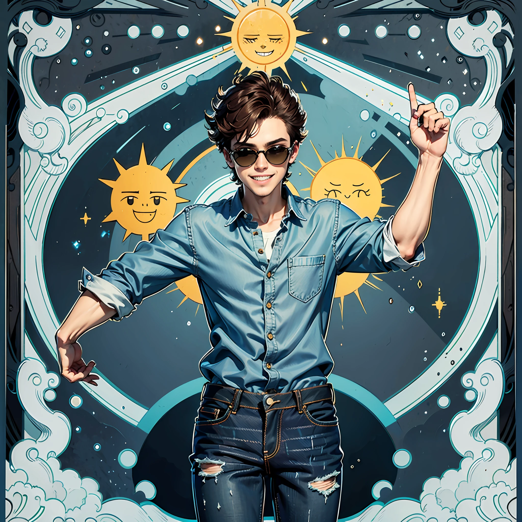 high quality, detailed, morning, landscape, city, boy, male, teenager, young, tall, slim, thin, handsome, brown hair, upwards hair, high hair, sun glasses, circle framed sun glasses, cheeky grin, showing teeth, withe teeth, dark blue shirt, blue buttoned shirt, blue dress shirt, sleeves pulled up, black jeans, dark jeans
