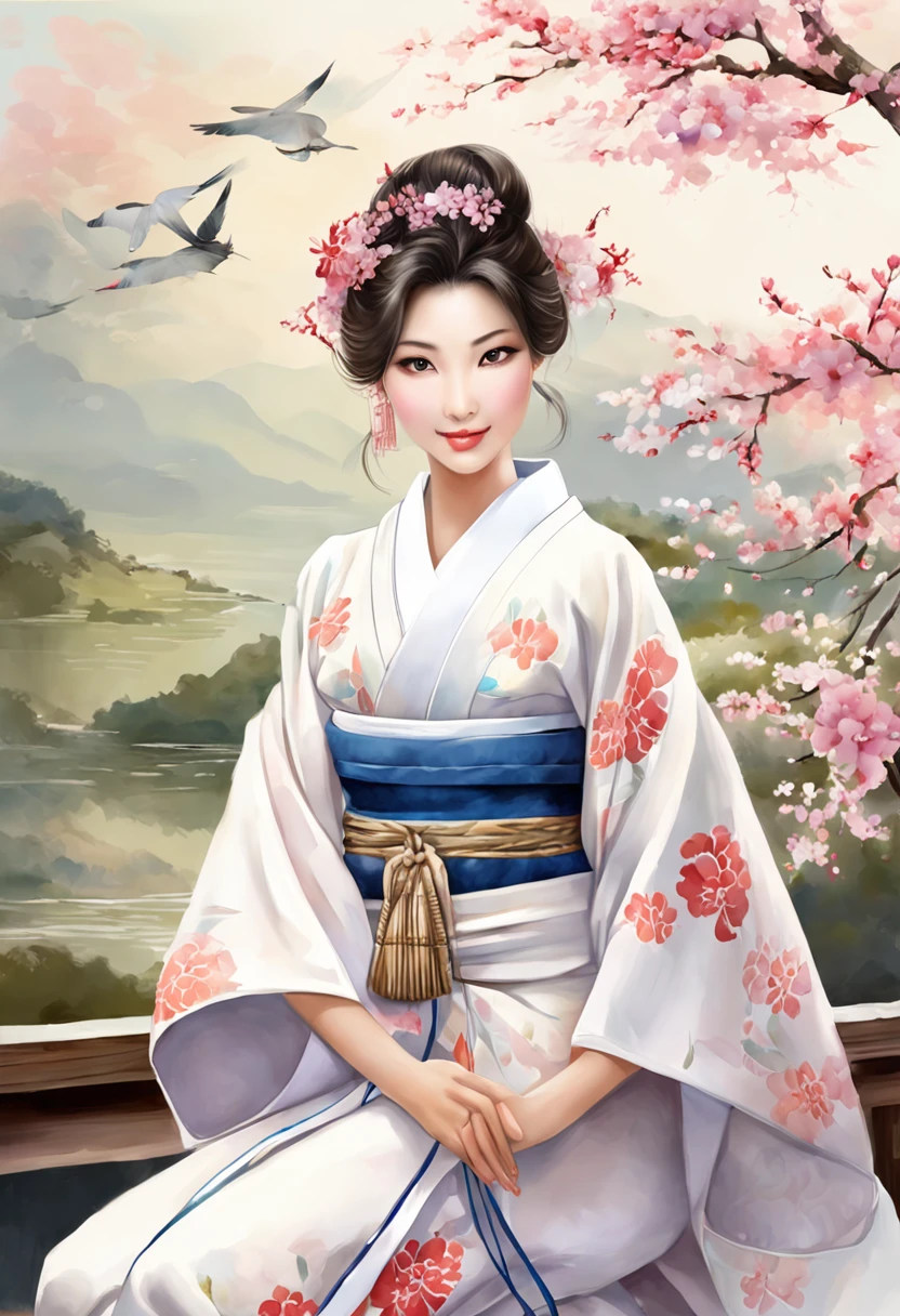 a beautiful japanese woman, kimono, large breast, best quality, masterpiece, ultra high res, photorealistic, looking at the horizon, smile