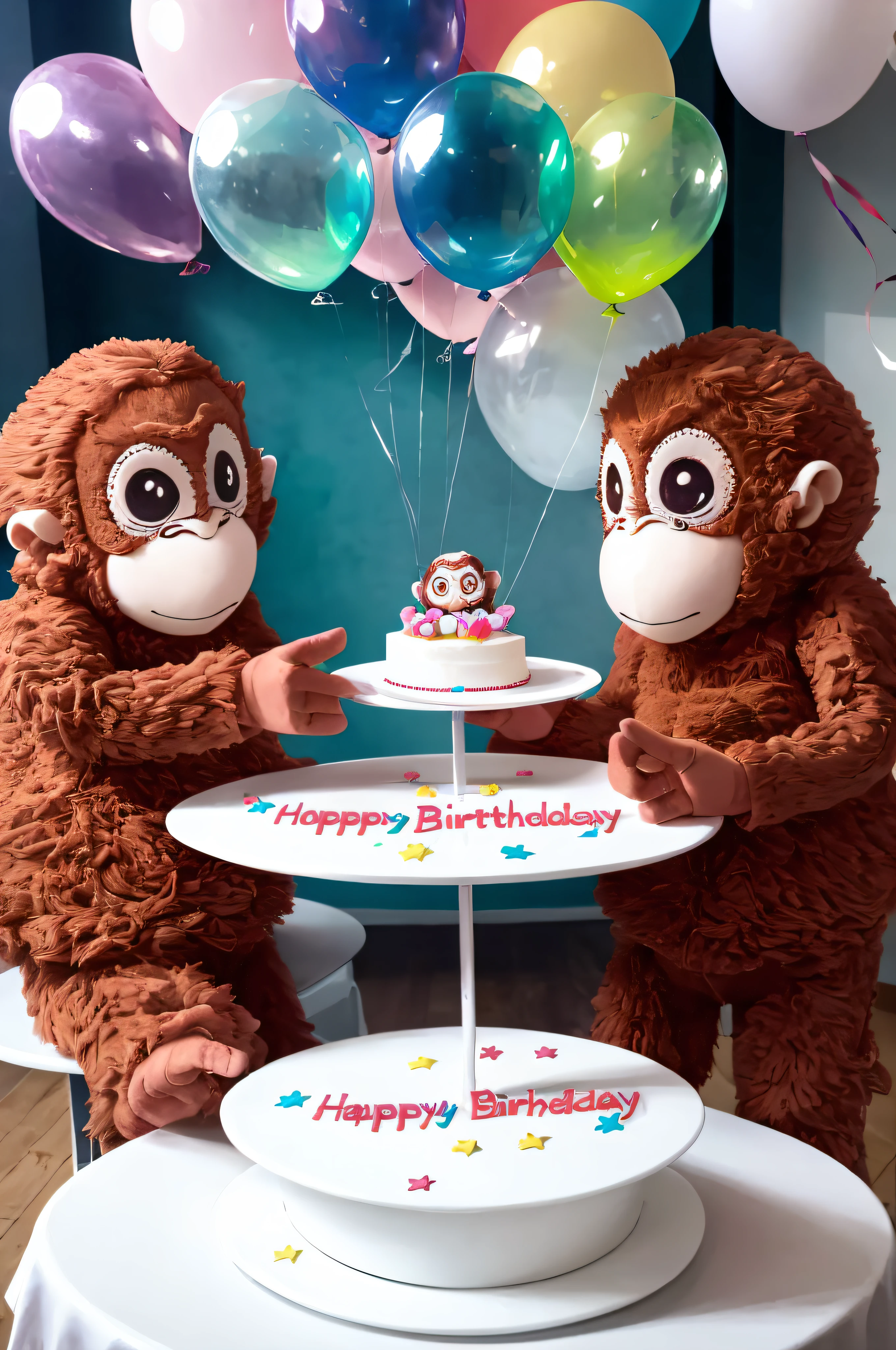 Five monkeys are sitting at a smartly decorated table with a huge birthday cake with lit candles and a bouquet of flowers. The room is decorated with balloons and lands.