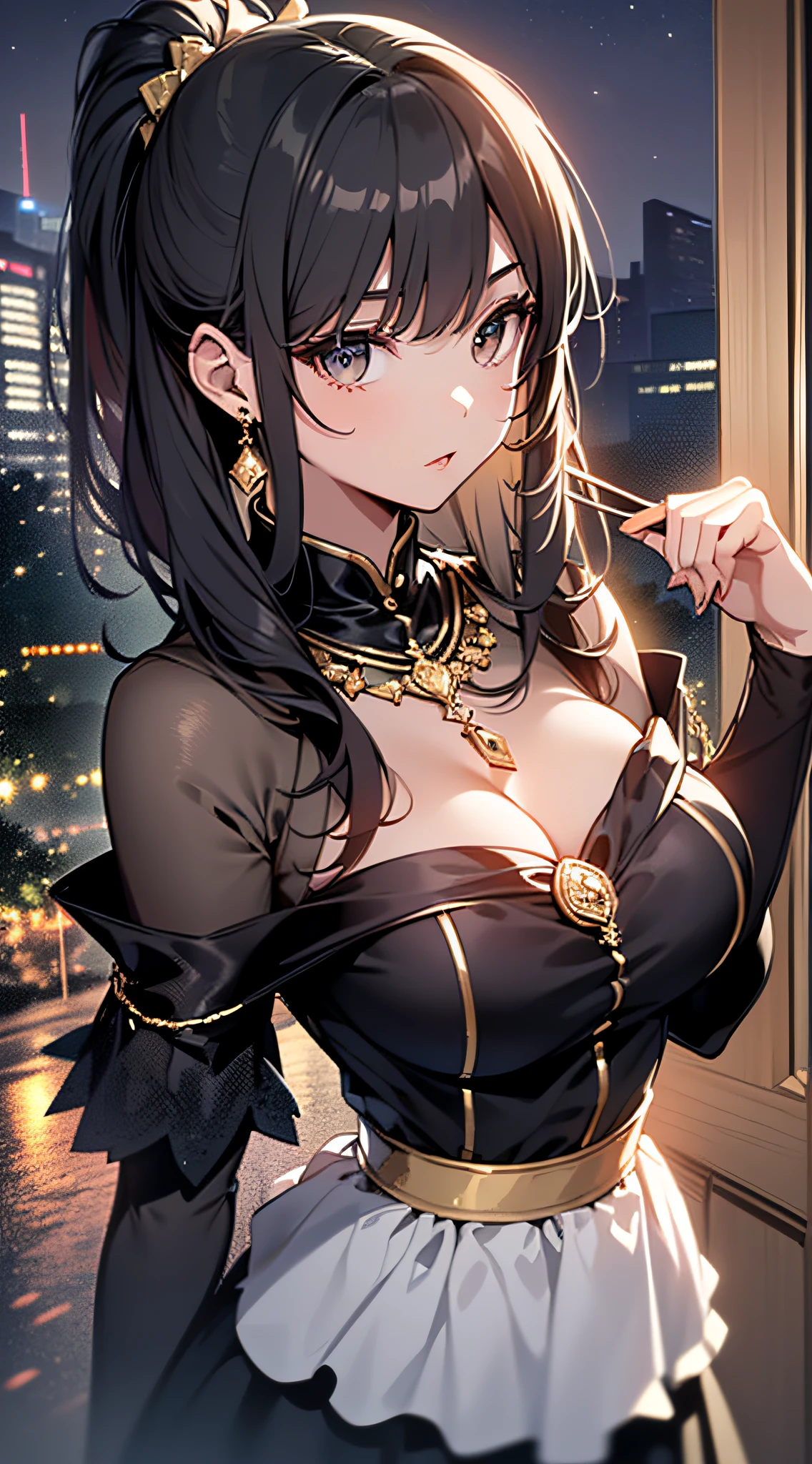 top-quality、Top image quality、​masterpiece、femele((20yr old、bule、cute little、A dark-haired、poneyTail、Black Go Jazz Dress、big bast、Bust 90 、Chest is open、A slender、Approaching here、Kiss、Gold necklace、銀の腕時計、Reflect the upper body）hiquality、depth of fields、Background with((Night Party))、Depth((Many people,Fantastic interior))