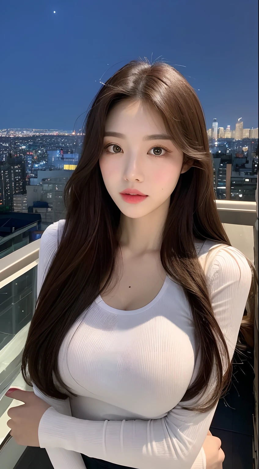 ((Midnight, Best quality, 8k, Masterpiece :1.3)), Whole body, Long legs, Sharp focus :1.2, A pretty woman with perfect figure :1.4, Slender abs :1.1, ((Dark brown hair, Big breasts :1.2)), (White tight tshirt, Jean bib, Standing:1.2), ((Night city view, Rooftop:1.3)), Highly detailed face and skin texture, Detailed eyes, Double eyelid