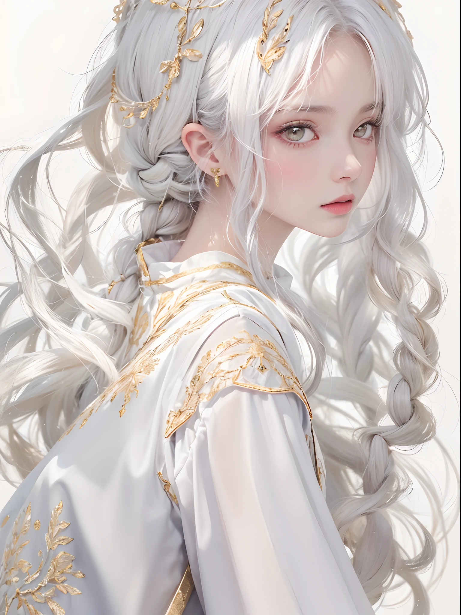 best quality, masterpiece,white hair, gold eyes,white clothes, looking up, upper body,hair strand,Fair skin,side braids