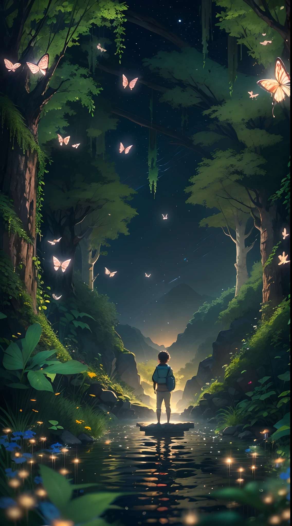 （（best qualtiy））， （（tmasterpiece））， （A detailed：1.4），Enhanced dynamic perspective，jungles，nighttime scene，starrysky，（darkly：1.4），（（ adventurer standing in front of supergiant butterfly，Butterflies spread their huge wings，shimmering under the moonlight，A starry stream flowed in front of him）），Crocodiles float on the water，（Adventurer backpack），（weeds），florals，（（（adventurer clothing））），Glow effects，super-fine，Works of masters，high qulity，8K分辨率，depth of fields，电影灯光，Epic shooting，high qulity，super-fine，Detailed pubic hair，Accurate，Cinematic lighting，