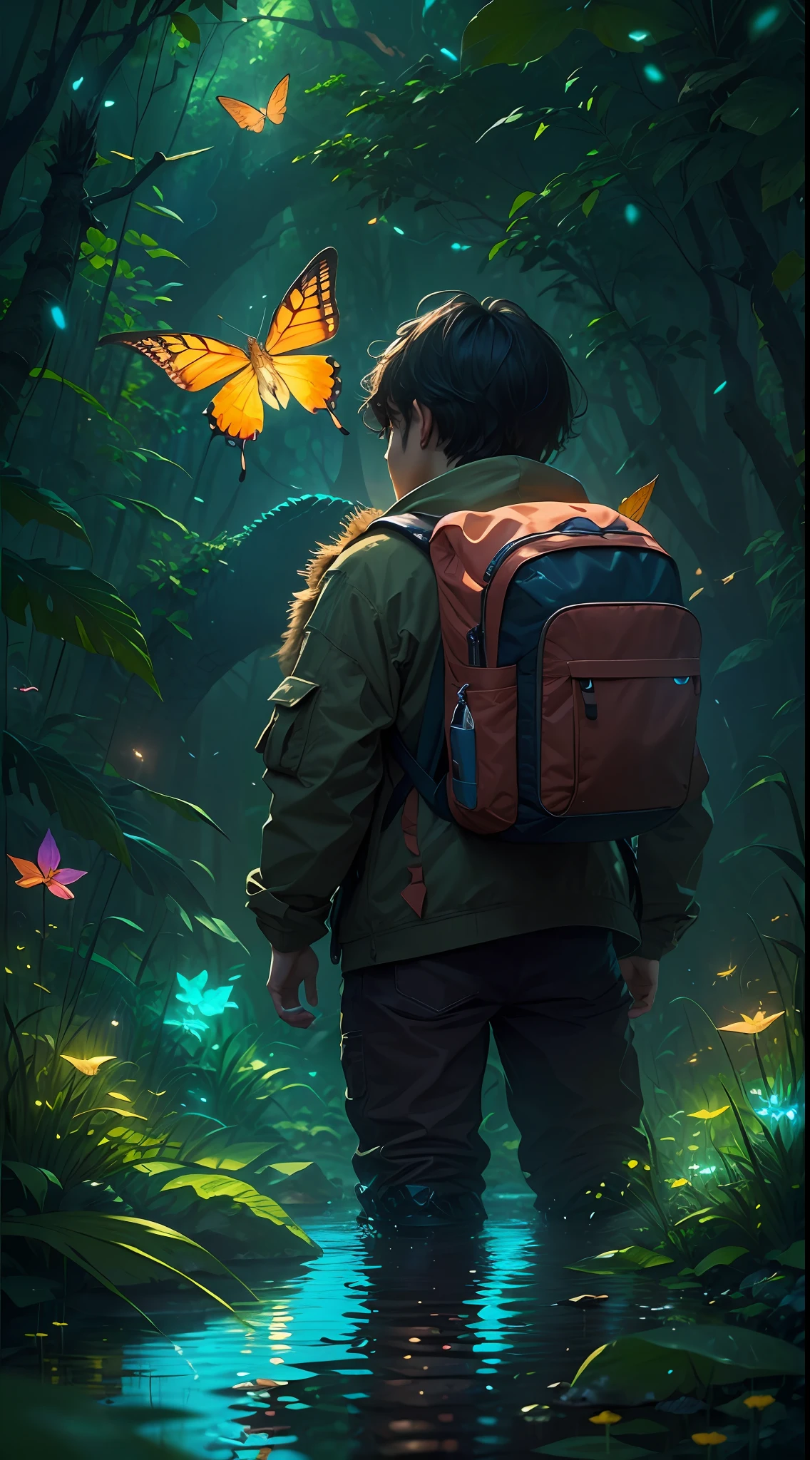 ((best qualtiy)), ((tmasterpiece)), (A detailed:1.4),Enhanced dynamic perspective,jungles,nighttime scene,starrysky,(darkly:1.4),(( adventurer standing in front of supergiant butterfly,Butterflies spread their huge wings,shimmering under the moonlight,A starry stream flowed in front of him)),Crocodiles float on the water,(Adventurer backpack),(weeds),florals,(((adventurer clothing))),Glow effects,super-fine,Works of masters,high qulity,8K分辨率,depth of fields,电影灯光,Epic shooting,high qulity,super-fine,Detailed pubic hair,Accurate,Cinematic lighting,