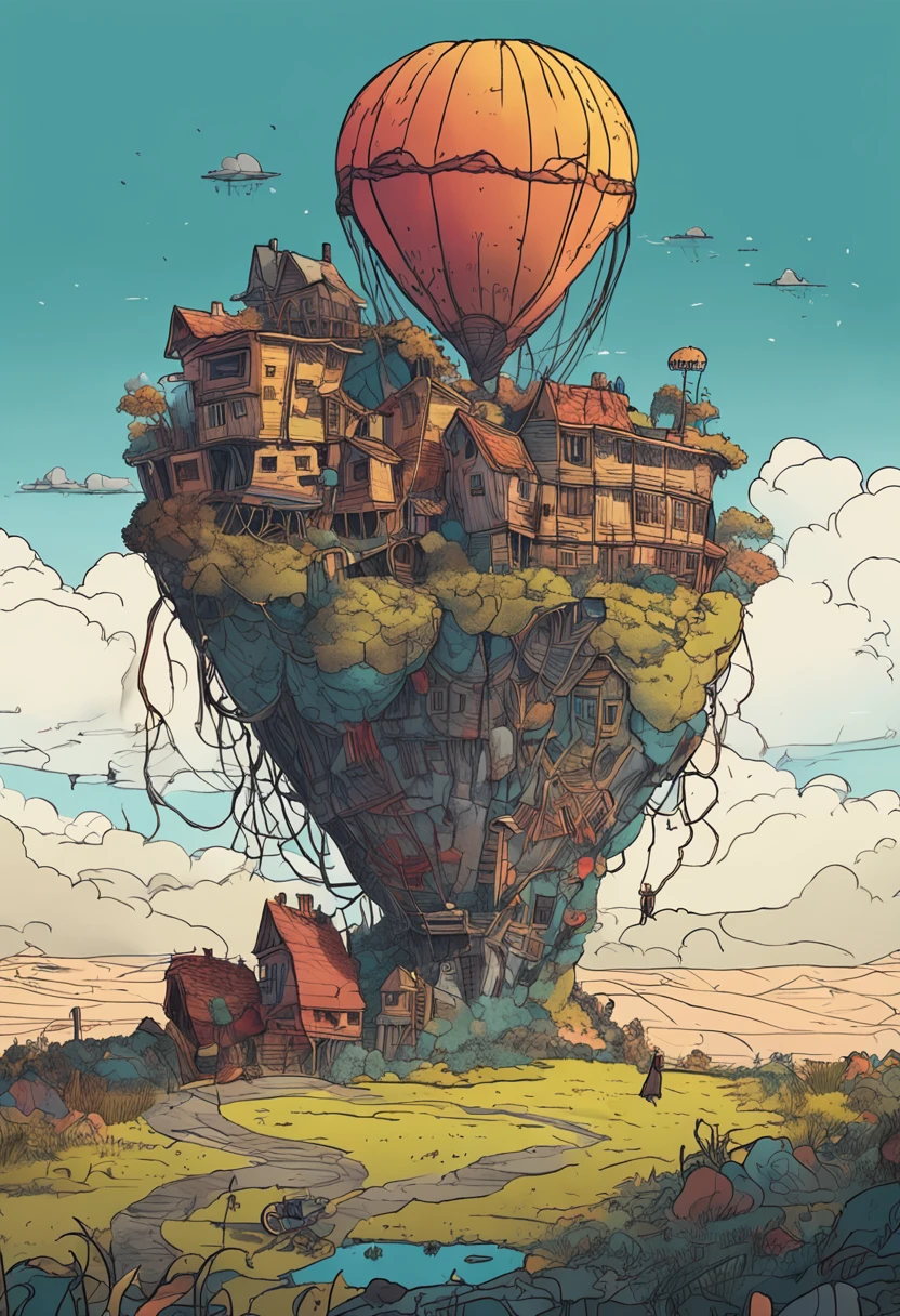 paysage fantastique, Nausicaa, hot air balloon with many ropes connected to the ground, (Uneven terrain:1.6), (Colorful fungal houses recovered: 1.2), (buissons moelleux: 1.1), vent, Cumulonimbus Cloud, cirrus, thick silhouette, silhouette pointue, extreme details, 8k, UHD, grain du film, Colorful drawing