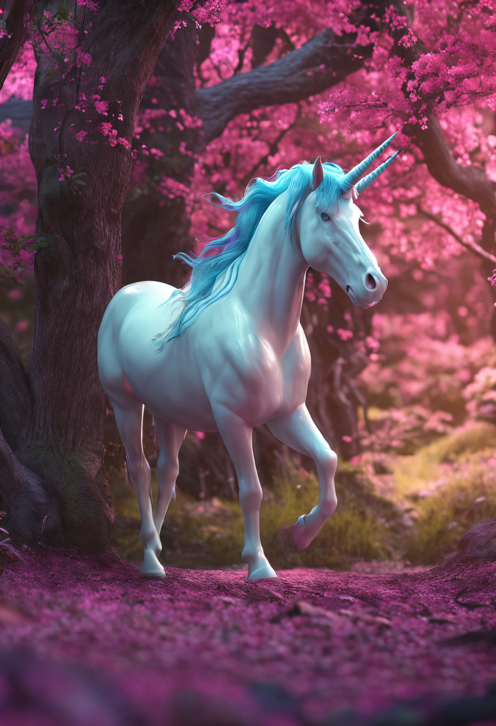 Front view: unicorn, caminhando na floresta, unicorn with penis, real, 8k, pele realista, floresta rel