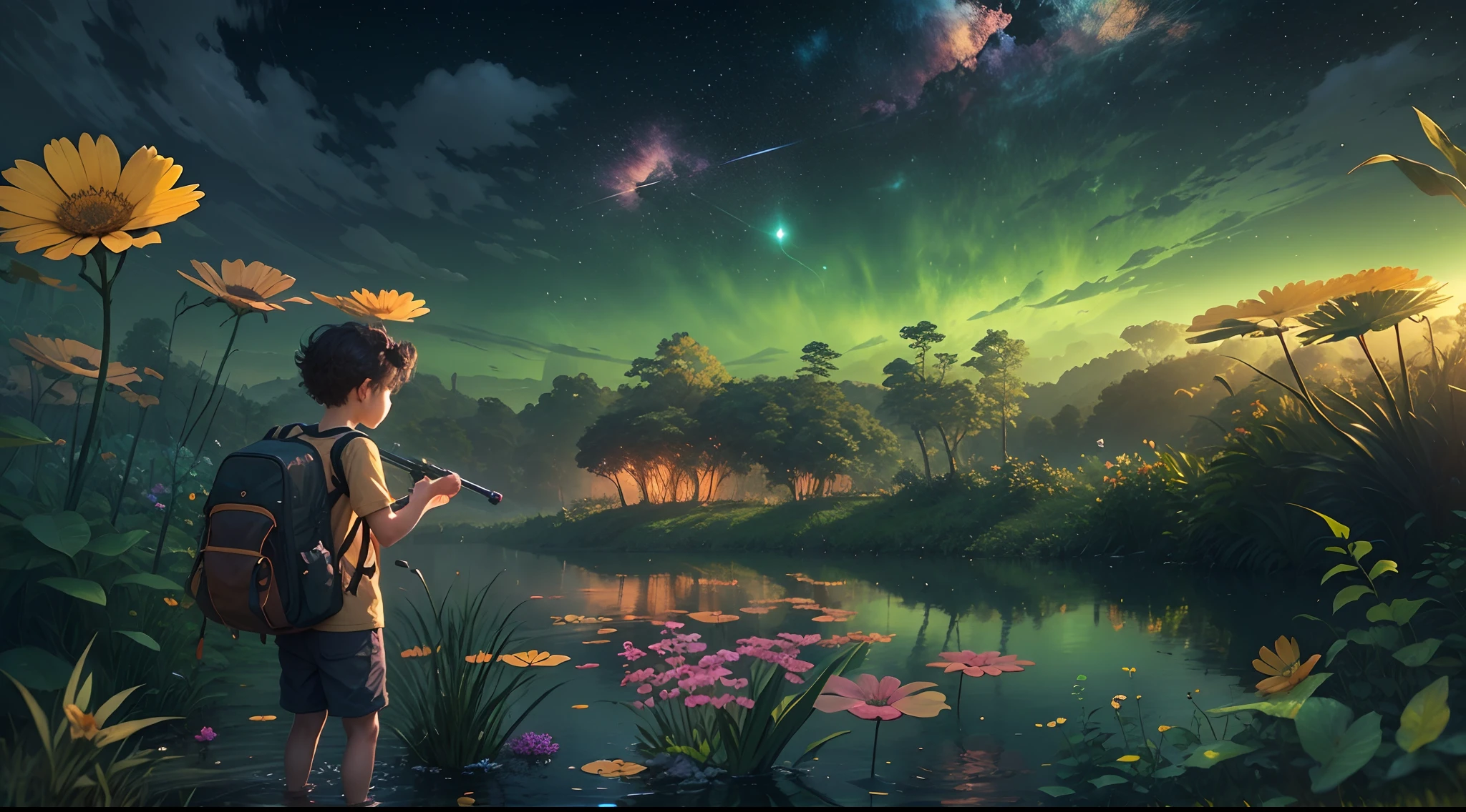 ((best qualtiy)), ((tmasterpiece)), (A detailed:1.4),Enhanced dynamic perspective,jungles,nighttime scene,starrysky,(darkly:1.4),((Baby adventurer standing in front of supergiant butterfly,Butterflies spread their huge wings,shimmering under the moonlight,A starry stream flowed before him)),Crocodiles float on the water,(Adventurer backpack),(weeds),florals,(((adventurer clothing))),Glow effects,super-fine,Works of masters,high qulity,8K分辨率,depth of fields,电影灯光,Epic shooting,high qulity,super-fine,Detailed pubic hair,Accurate,Cinematic lighting,