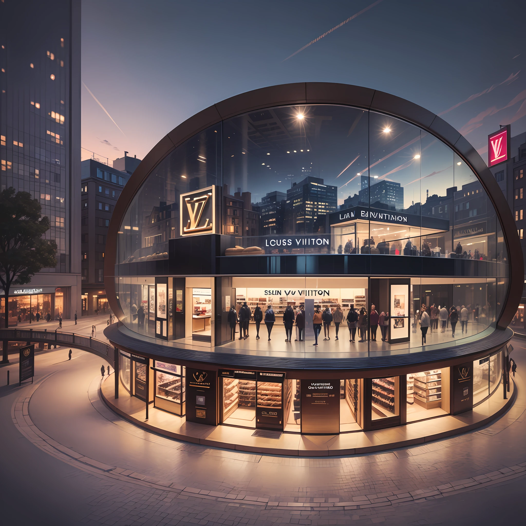 Create a photorealistic and hyper-realistic representation of a store with the logo and details of Louis Vuitton in a circular glass format, situated in the city center. The image should be highly detailed and sharp, with a resolution of 1080p or even 16k, ensuring that every detail is captured realistically. The goal is to capture the essence of the brand and urban architecture in a digitally stunning manner --auto --s2