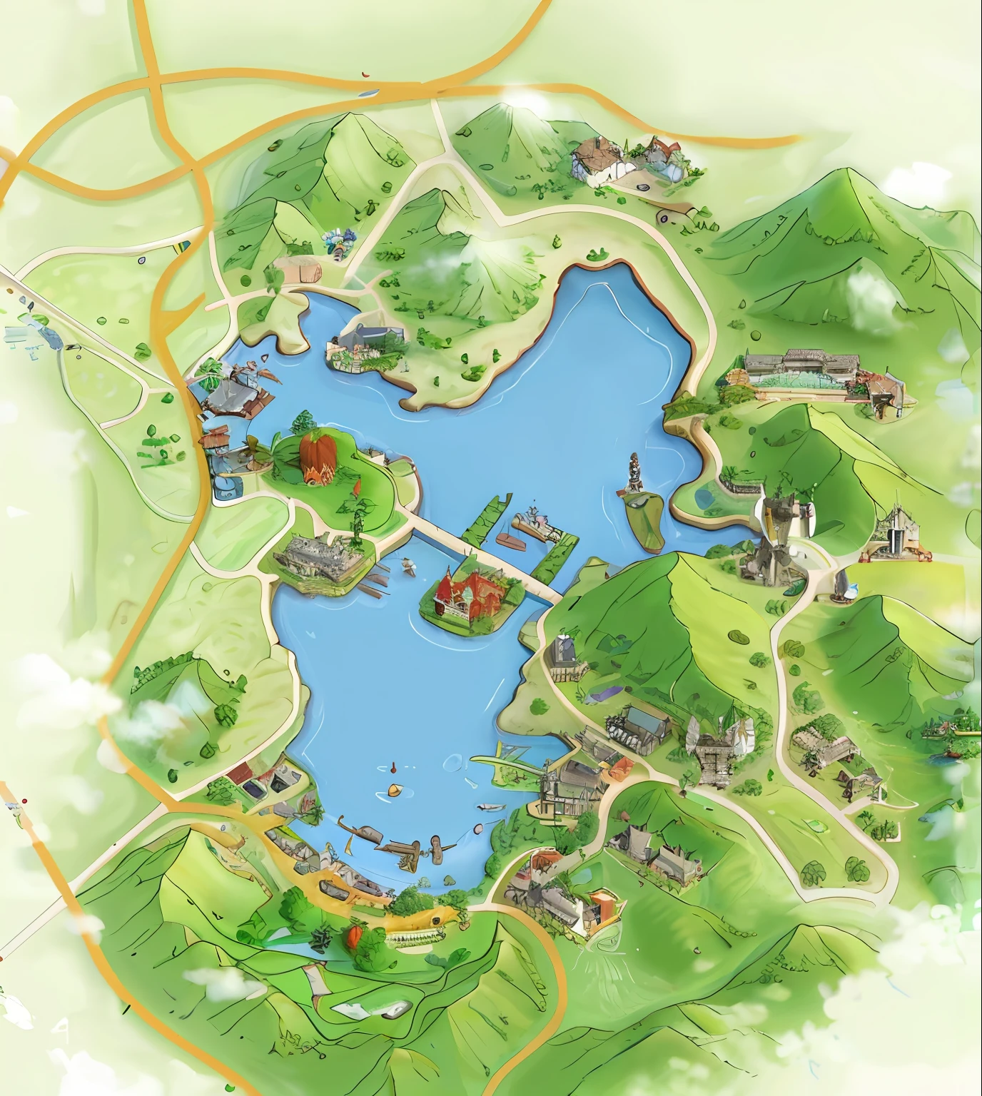 A map of the park with a lake and many buildings, Tourist map, map of fantacy world, Game map, based on geographical map, highly detailed map, Very detailed!, parks and lakes, of a small village with a lake, detailed screenshot, Detailed map, detailed digital illustration, Detailed!, aerial illustration, detailed surroundings, author：Li Zai, author：Julian