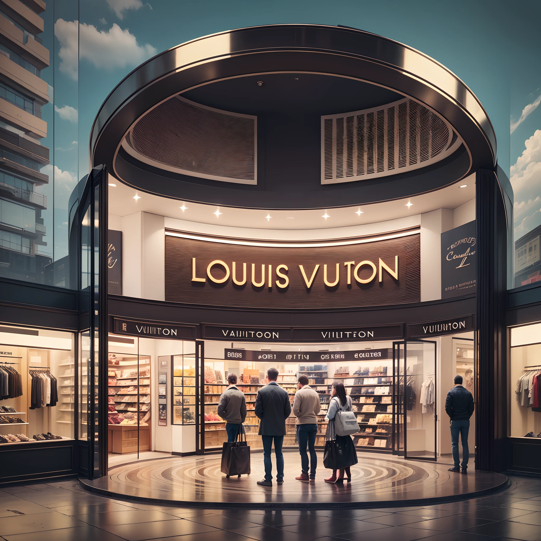 Create a photorealistic and hyper-realistic representation of a store with the logo and details of Louis Vuitton in a circular glass format, situated in the city center. The image should be highly detailed and sharp, with a resolution of 1080p or even 16k, ensuring that every detail is captured realistically. The goal is to capture the essence of the brand and urban architecture in a digitally stunning manner --auto --s2