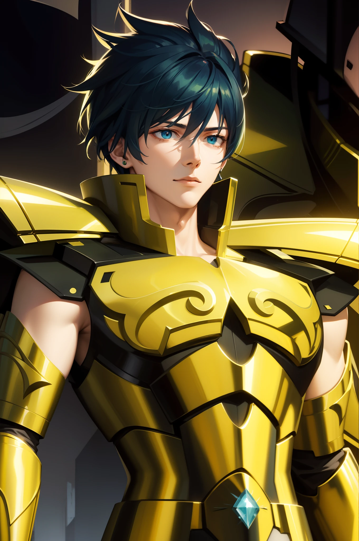 Attractive profile picture, masterpiece, ultra-precise rendering, beautiful and cool young man, trustworthy, dependable young man, savior of the world, simple design, most beautiful image, 4K, light green eyes, saint seiya gold armor, blue hair.