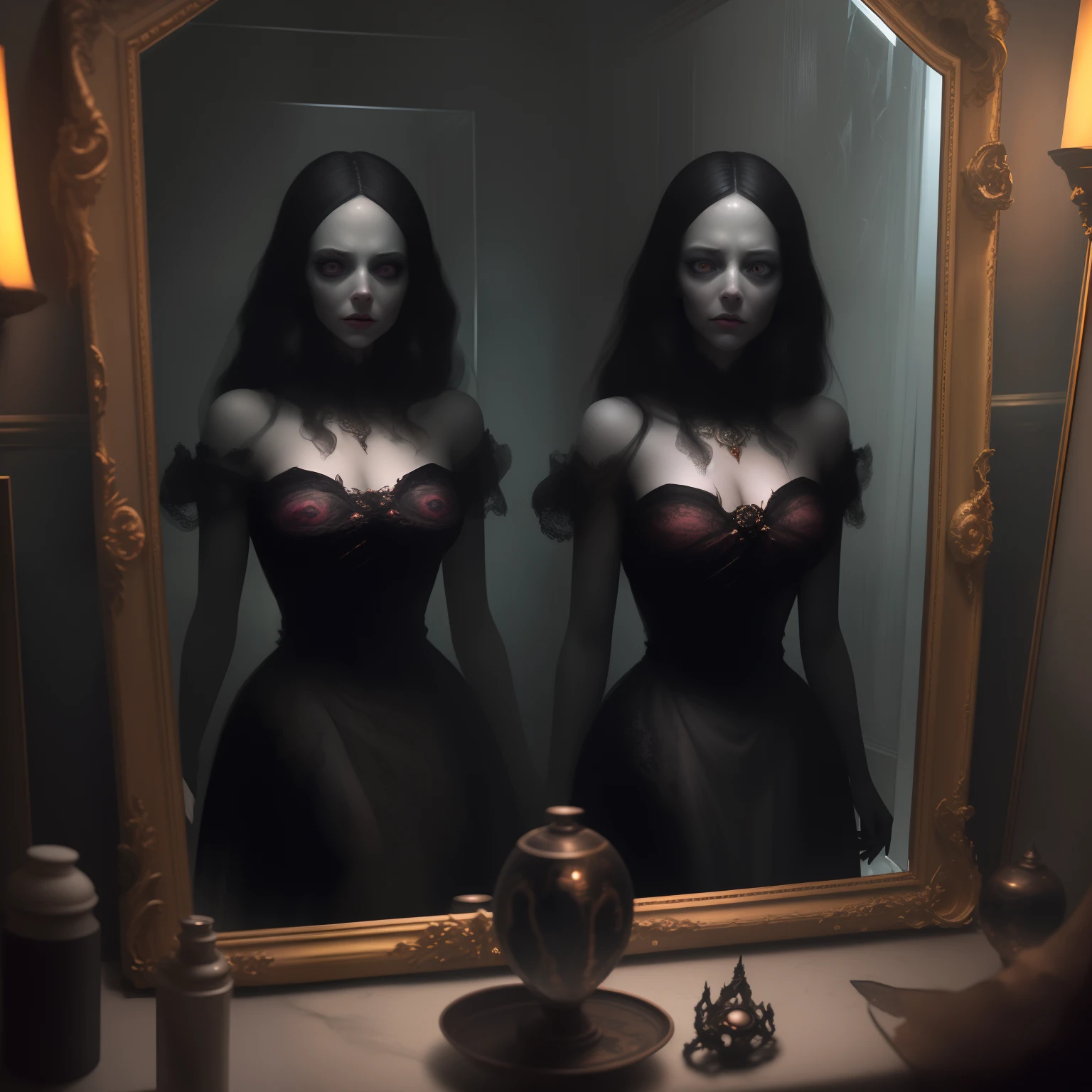 A beautiful woman looks into an ornate mirror and sees a terrifying horror in her reflection, Inside a liminal space of nightmares, dynamic lighting, fotorrealista, trending on art station, visuais deslumbrantes, criativo, cinemactic, ultra detalhado, atmospheric, ambient lighting, arte assustadora, horror