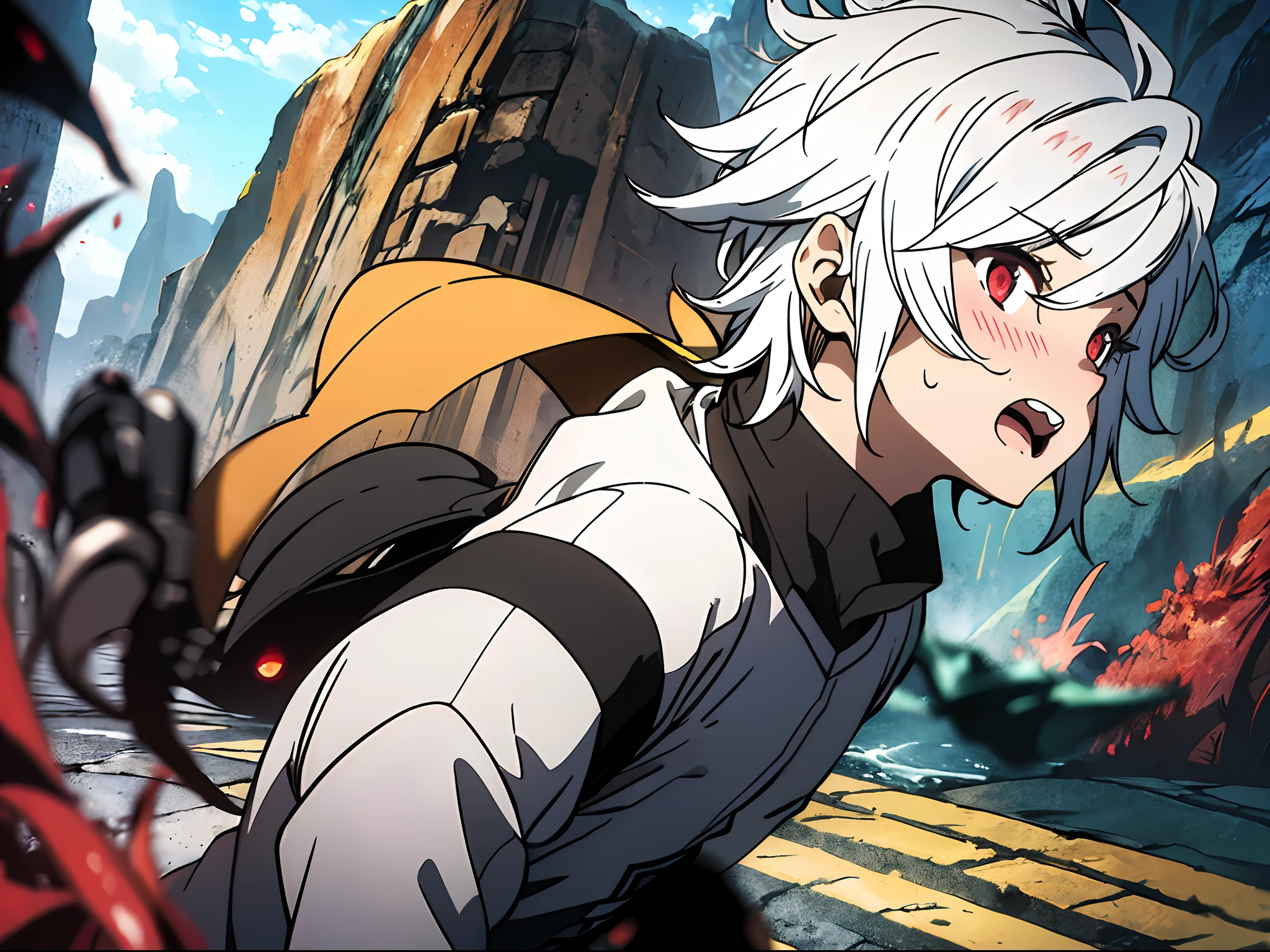 Bell Cranel、White hair、red eyes、(((red blush)))((Wavy mouth)))、(((profile、sideways Facing, Running、From Side、run、run、backs、Running、Hurry up and run away、Dungeon、caves)))、I'm in a hurry、Bell Cranel, 1boy, Solo, Looking at Viewer, Short hair, Open mouth, Red Eyes, Upper body, White hair, Male Focus(((closing eye、Chased by monsters)))