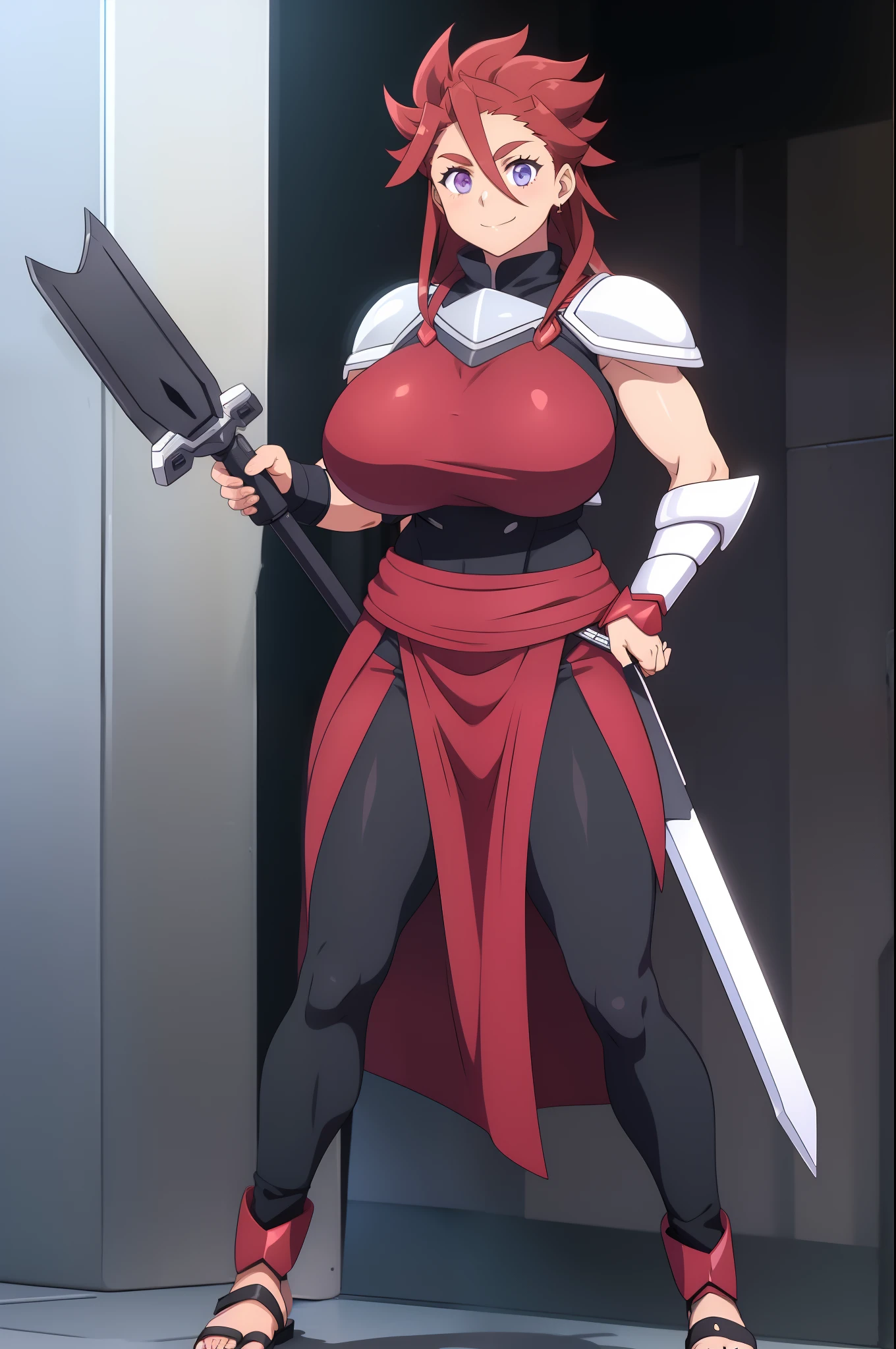 rbykoha, knight armor, long skirt, large skirt, smile, huge breast, full body, flipflops, holding (lance),standing, pants