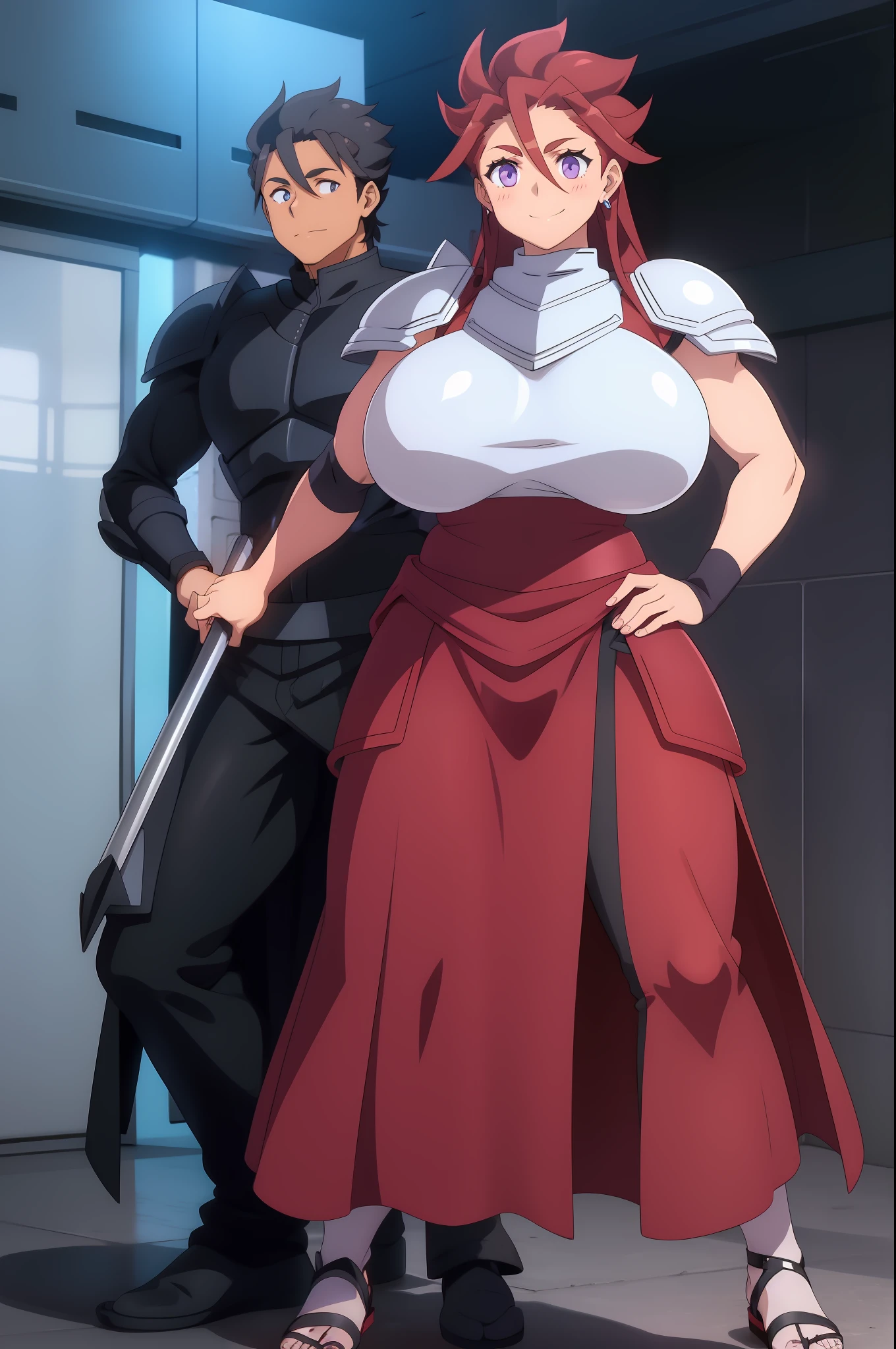 rbykoha, knight armor, long skirt, large skirt, smile, huge breast, full body, flipflops, holding (lance),standing, pants