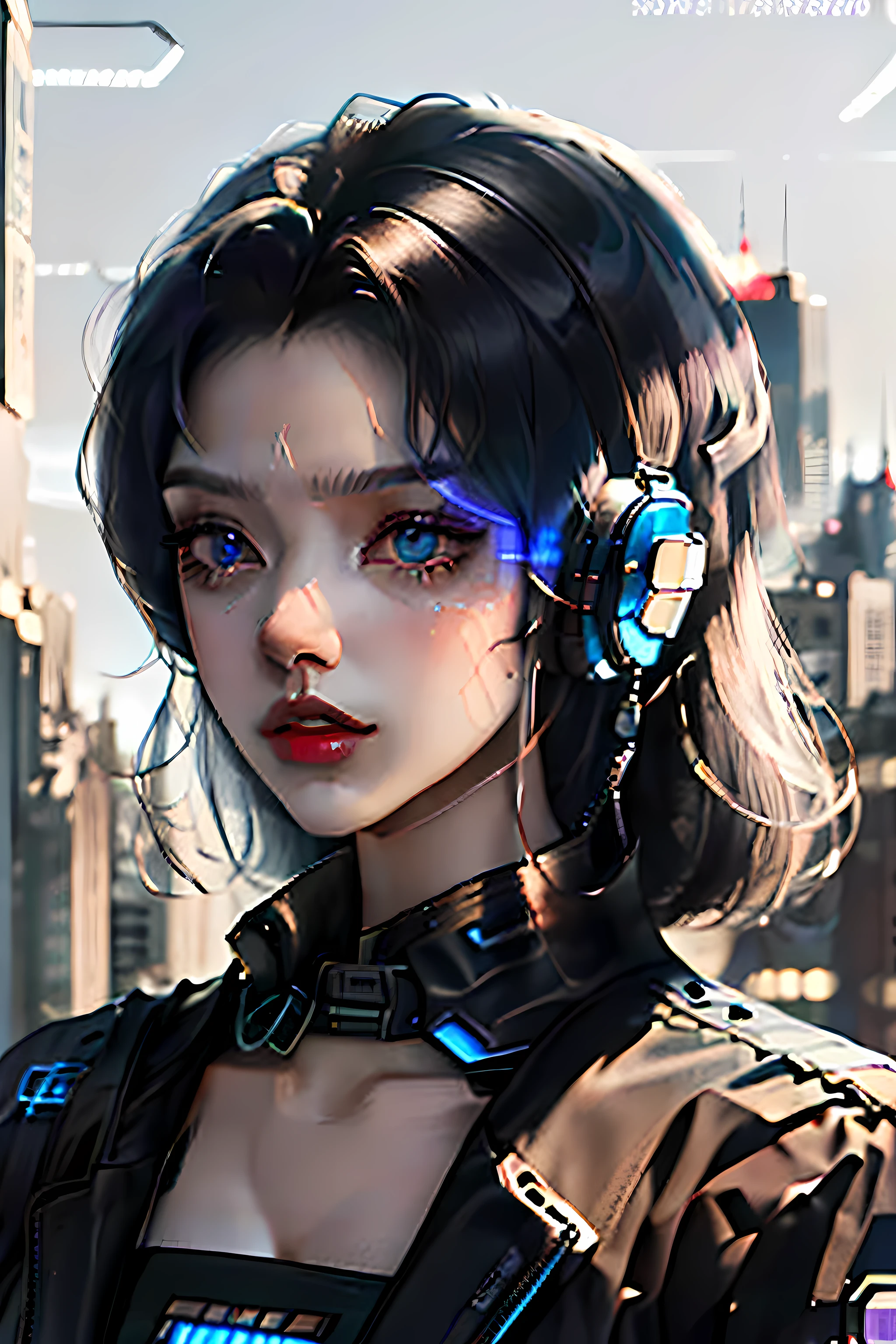 short detailed hair,femele,black color hair,Blue pupil,Blue-black jacket,Earphone,cyber punk perssonage,view over city。