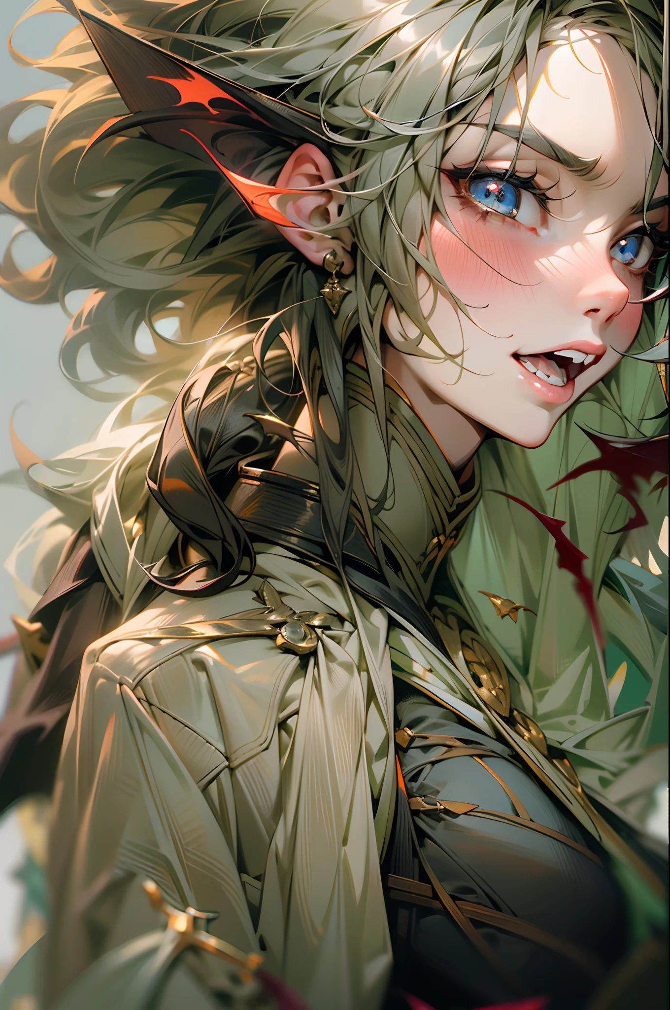 Handsome vampire teenager，closeup cleavage，head portrait，Open your mouth，the bats，long canine teeth，There is blood on the teeth，long whitr hair，（blood stains at the corners of the mouth：1.4），Blood，depth of fields，dynamic blur，high light，Real light，Ray traching，oc rendered，Hyper-realistic，best qualtiy，8K，Works of masters，super-fine，Detailed pubic hair，Correct anatomy，sharp focus on eyes，Bokeh，Facial features are carefully depicted