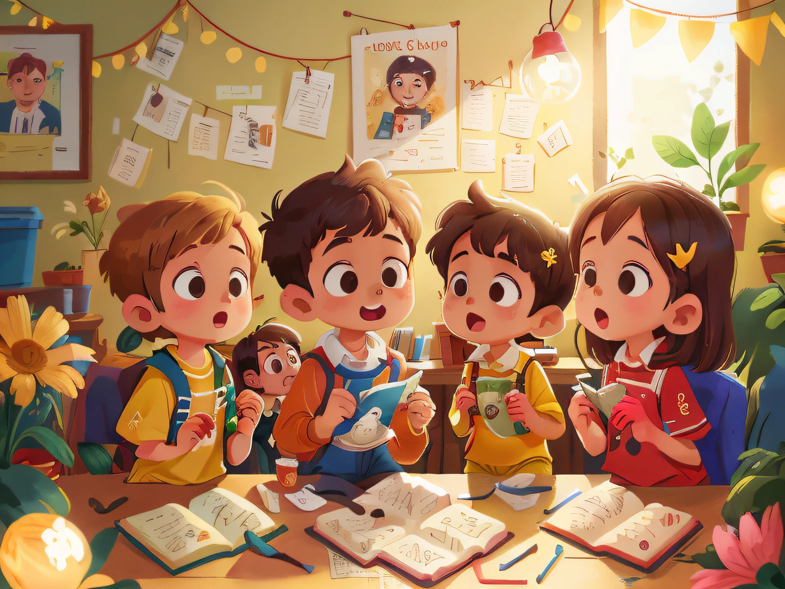 there are 6 children gathered, sentadas na escola, conversando: 0.8), (obra-prima: 1.2) (realista: 1.2) (Bokeh) (melhor qualidade) (pele detalhada: 1.3) (detalhes intrincados) (8k) (olhos de detalhe) (foco nítido), (Feliz)