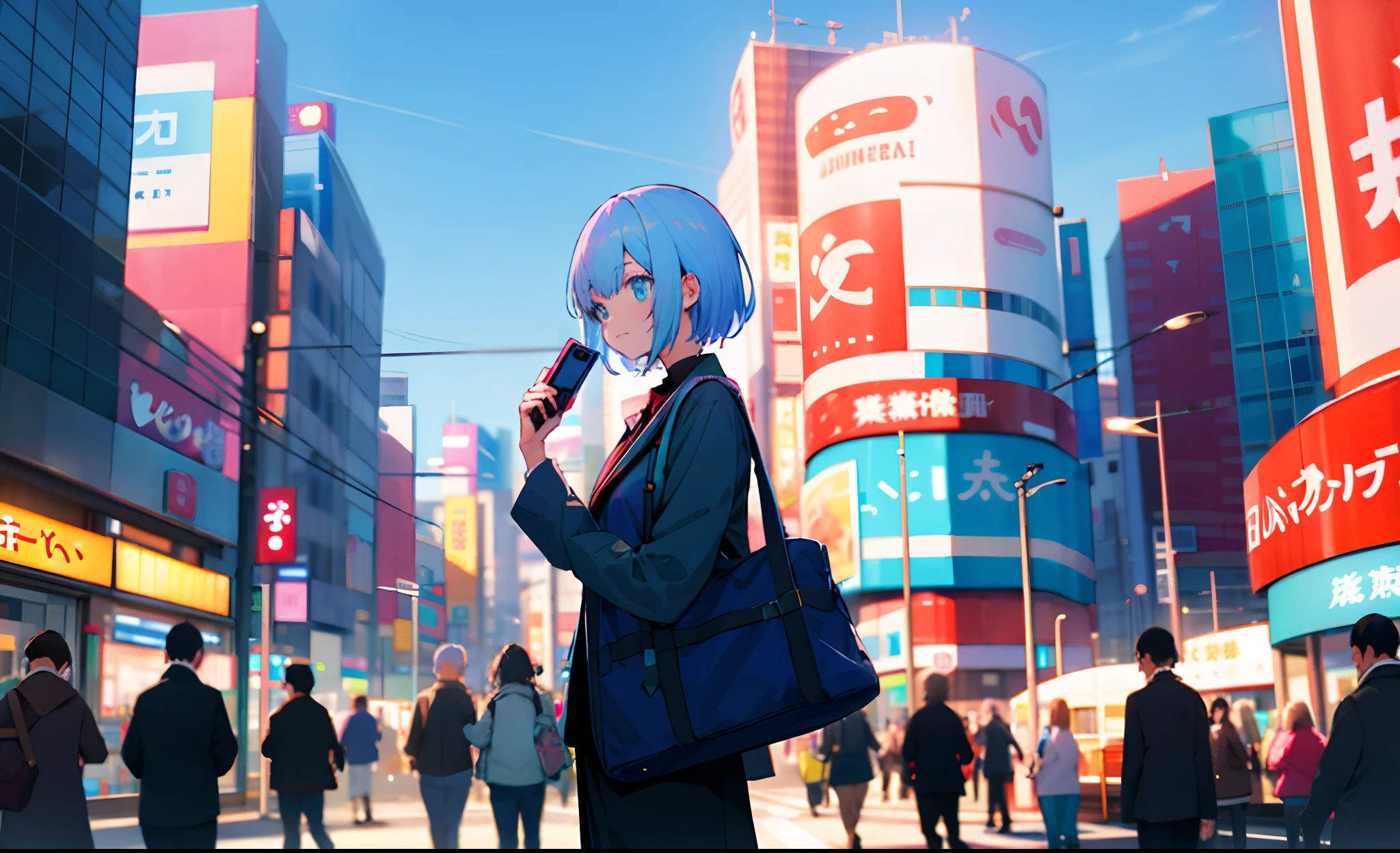 Shinjuku,Bustling commercial street,clear skies,blue-sky,self-shot