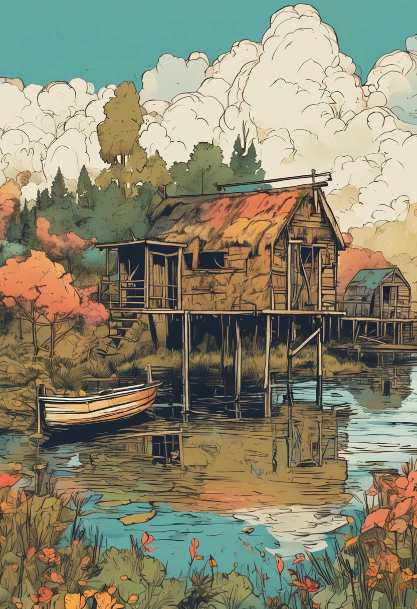 paysage fantastique, Nausicaa, cultivated fields, Small fishing port on a lake with wooden pontoons, (Uneven terrain:1.6), (Colorful fungal houses recovered: 1.5), (buissons moelleux: 1.1), vent, Cumulonimbus Cloud, cirrus, thick silhouette, silhouette pointue, extreme details, 8k, UHD, grain du film, Colorful drawing