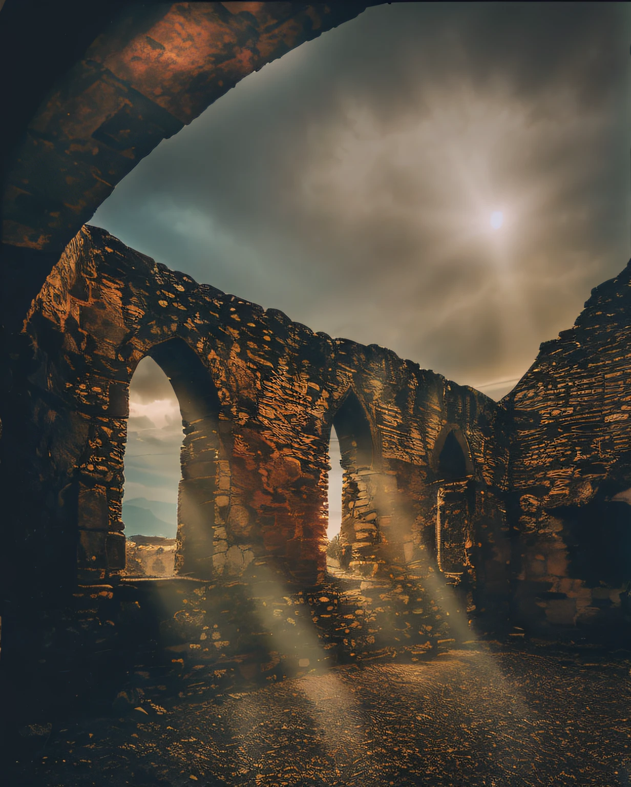 Sunlight shining through a window in an ancient stone building, ancient ruins, Medieval architecture ruined, inside a ruined abbey, dark ruins landscape, Inside the ruined Gothic church, Epic view of ancient ruins, Ruin, ruins in background, Ancient mystical ruins, in ruin Gothic cathedral, luz vinda das janelas, fundo medieval sombrio, Castle Ruins, in ruins, ruins