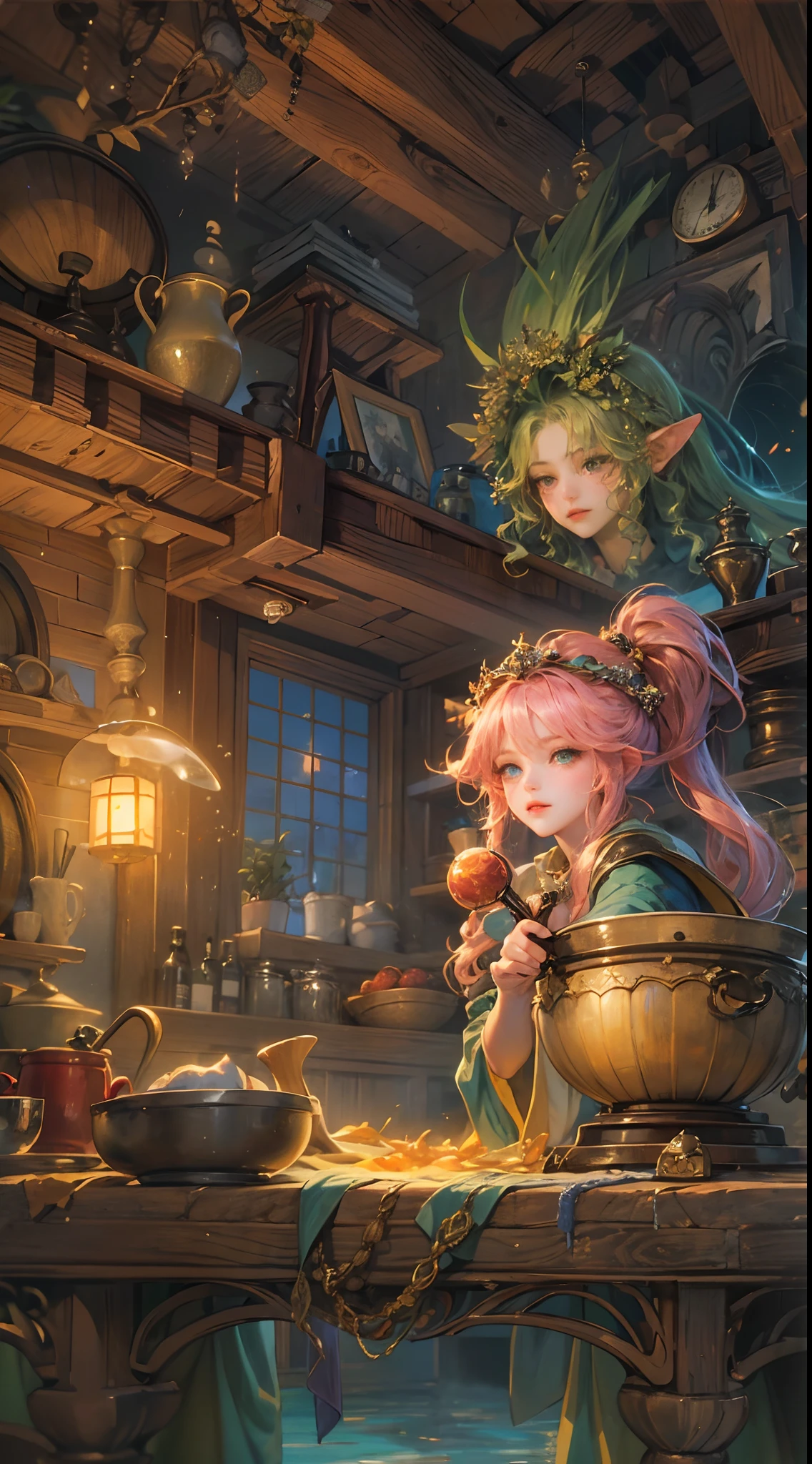 (absurdres, highres, ultra detailed, HDR), masterpiece, best quality, legend of mana character, heroine, detailed face, beautiful face with decorative sticks on hair, seraphina brewing something at the cauldron inside home, detailed character, detailed indoor, detailed home, night time