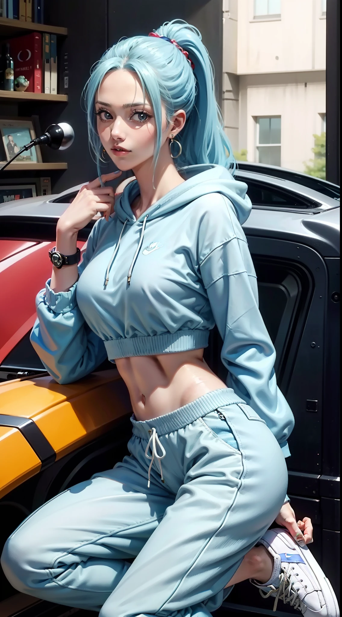 vivi from anime one piece, long hair, light blue hair, ponytail, perfect body, perfect breasts, beautiful woman, very beautiful, wearing light blue nike hoodie, light blue jogger pants, wears watch, wears earrings, wears shoes nike blue, Realism, masterpiece, textured leather, super detailed, high detail, high quality, best quality, 1080P, HD, 16k