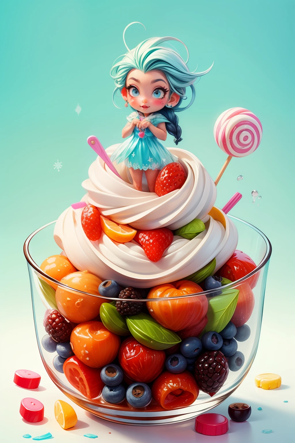 high quality, masterpiece, frozen yogurt, toppings, sweets, lollipops, sprinkles, berries