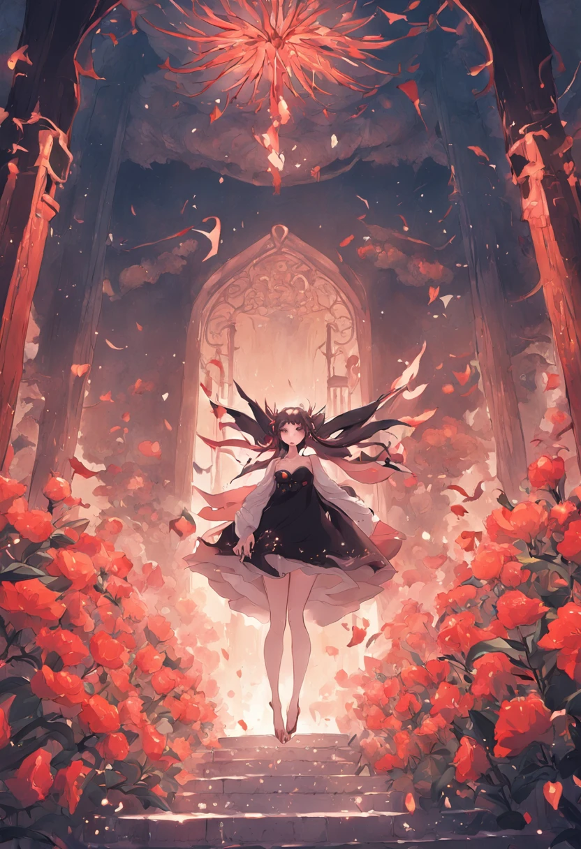 (Slightly chubby wedding flowers succubus girl:1.2)，Glamorous charm，Gorgeous black wedding dress，Plump your body，Flowers in hand，Wonderland Magic Girl