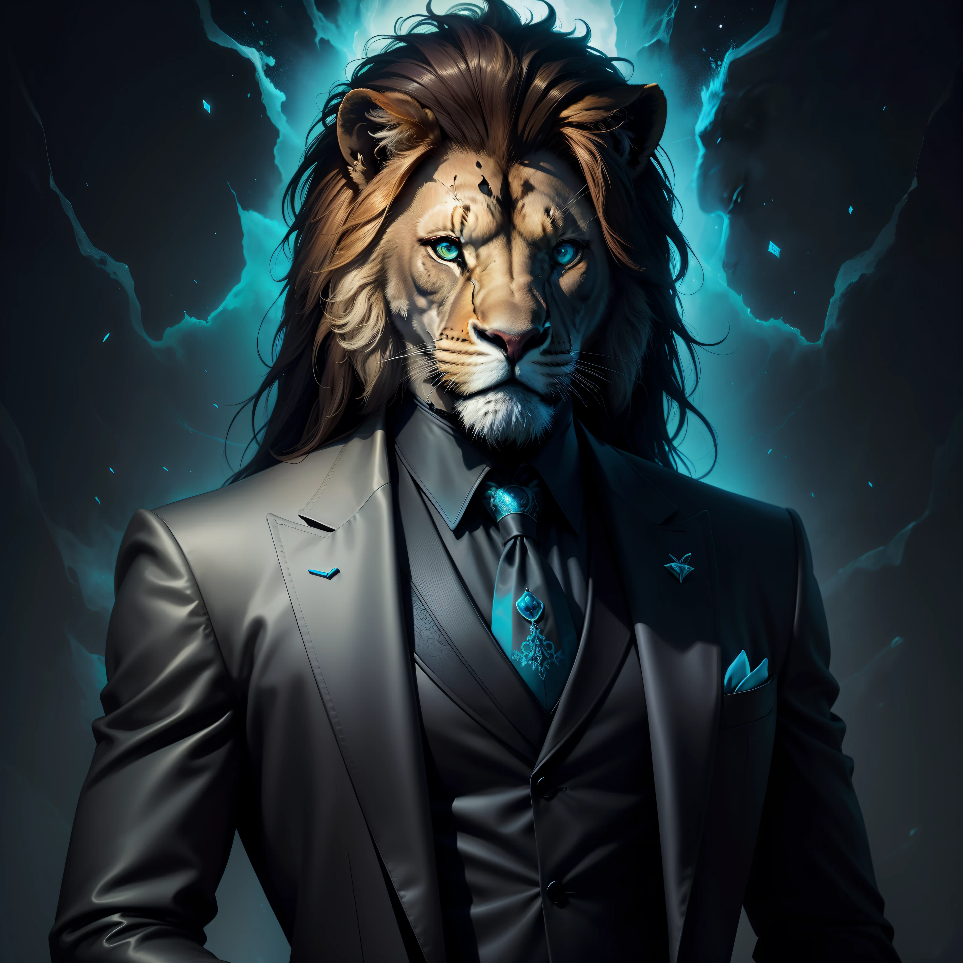 Far portrait of a lion wearing an elegant black suit, with a turquoise blue nebula background, ultra detailed, ultra resolution, best quality, best aspect ratio, best anatomy, hyper-realism, high quality, HDR, vivid colors, 85mm lens, dark style, realistic face, light lighting