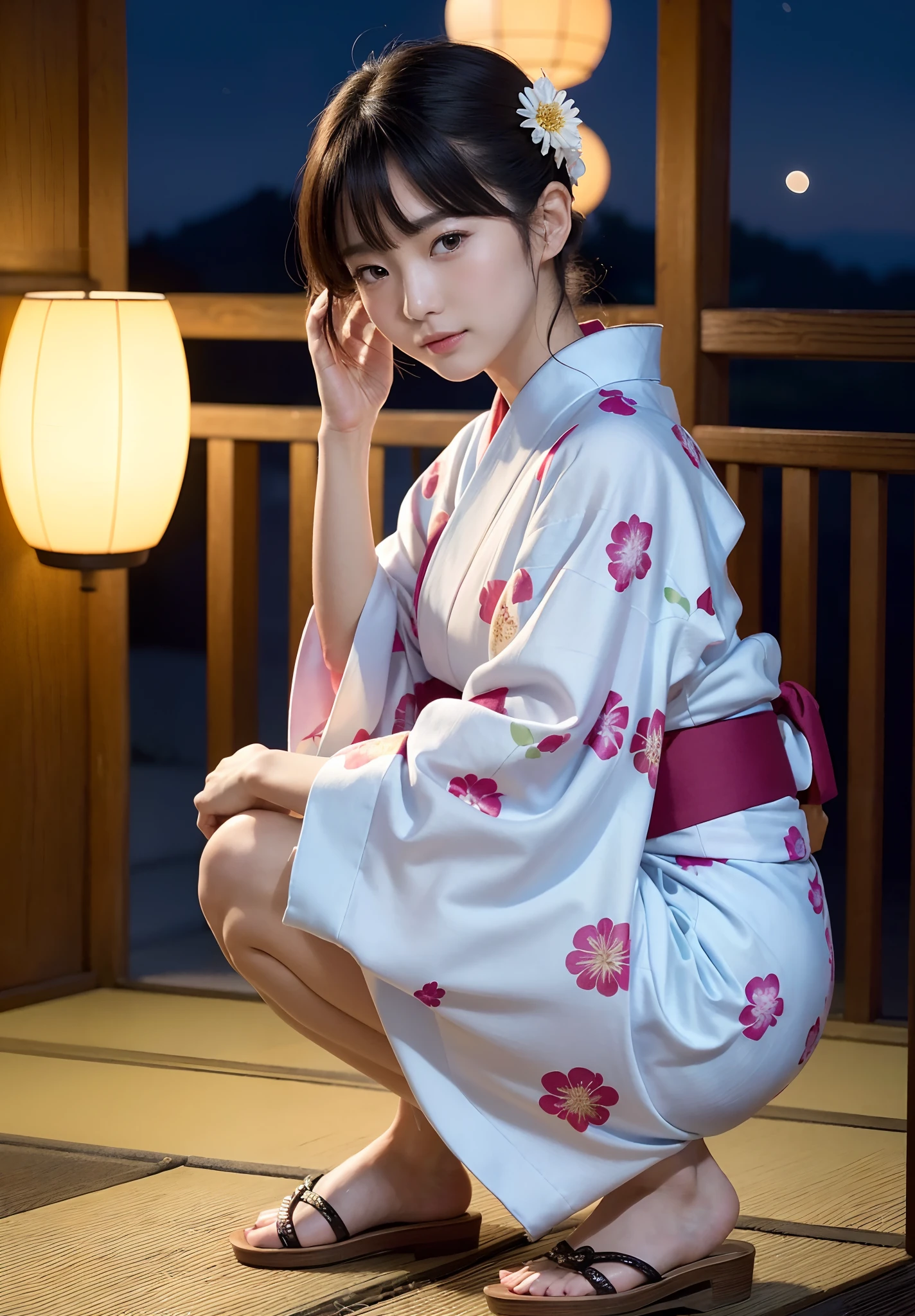 (in 8K、RAW Photos、top-quality、masterpiece:1.2)、(realisitic、Photorealsitic:1.37)、ultra-detailliert、超A high resolution、(((Beautiful girl in Japan in yukata crouching、Touching hair with one hand)))、Looking at the camera、(((Night background、Scenery of the Japan Festival、Background blur)))、woman wearing the kimono、classy yukata clothing、Wearing a colorful yukata、Wearing a kimono、japanese kimono、wearing a haori、Yukata with morning glory pattern、Sandals、Bare legged、Cotton underwear、dynamic ungle、动态照明
