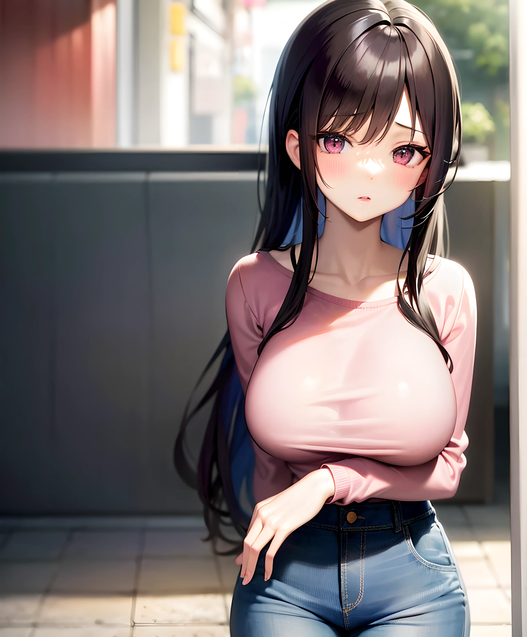 Anime girl in pink top and jeans stands on the street, Big breasts!!, oppai, Big breasts!, SFW huge breasts, with a big chest, Lori, a human-like juicy peach, Chest covered、SFW, Seductive Anime Girl, digital anime art!!, Ecchi anime style, Large breasts, semirealistic anime style, Big breasts