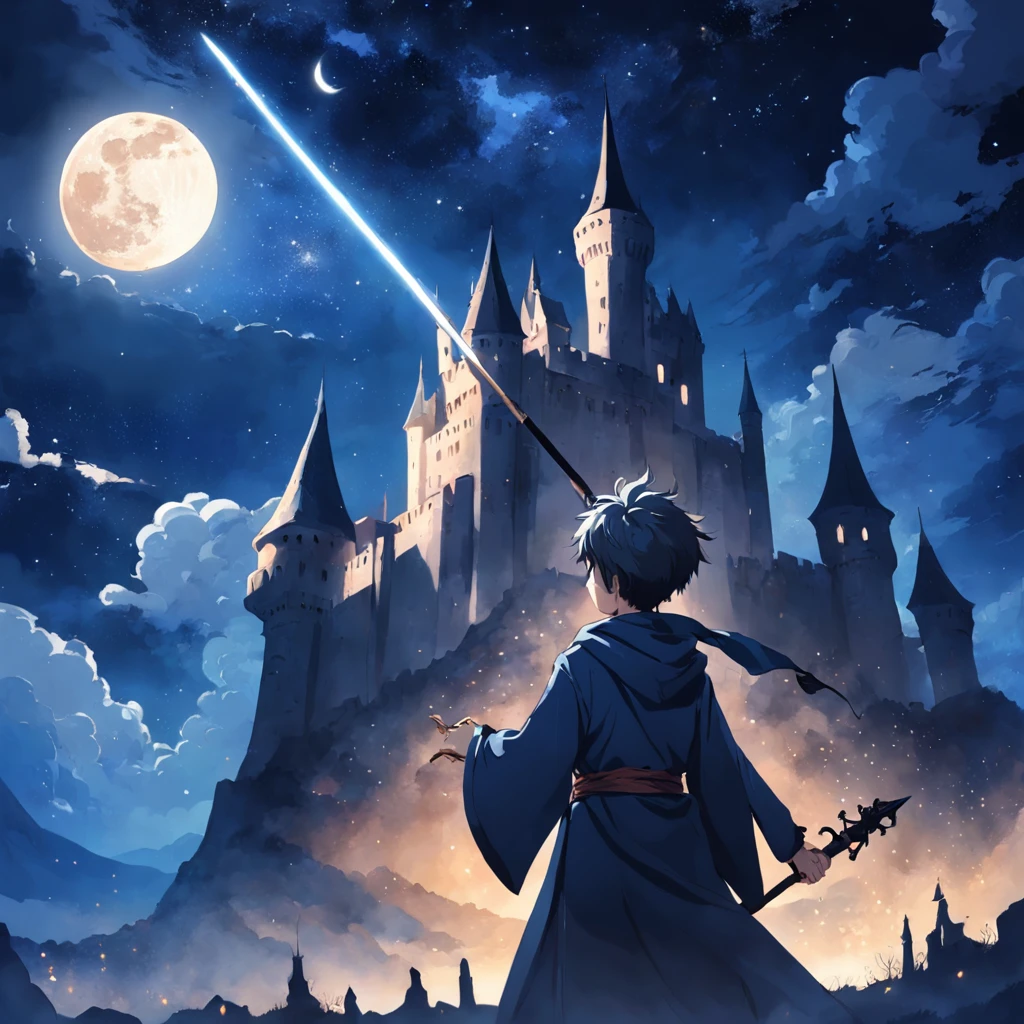 Old castle，under the starry night sky，1boy，holding a magical staff，mystical aura，Moon Night。