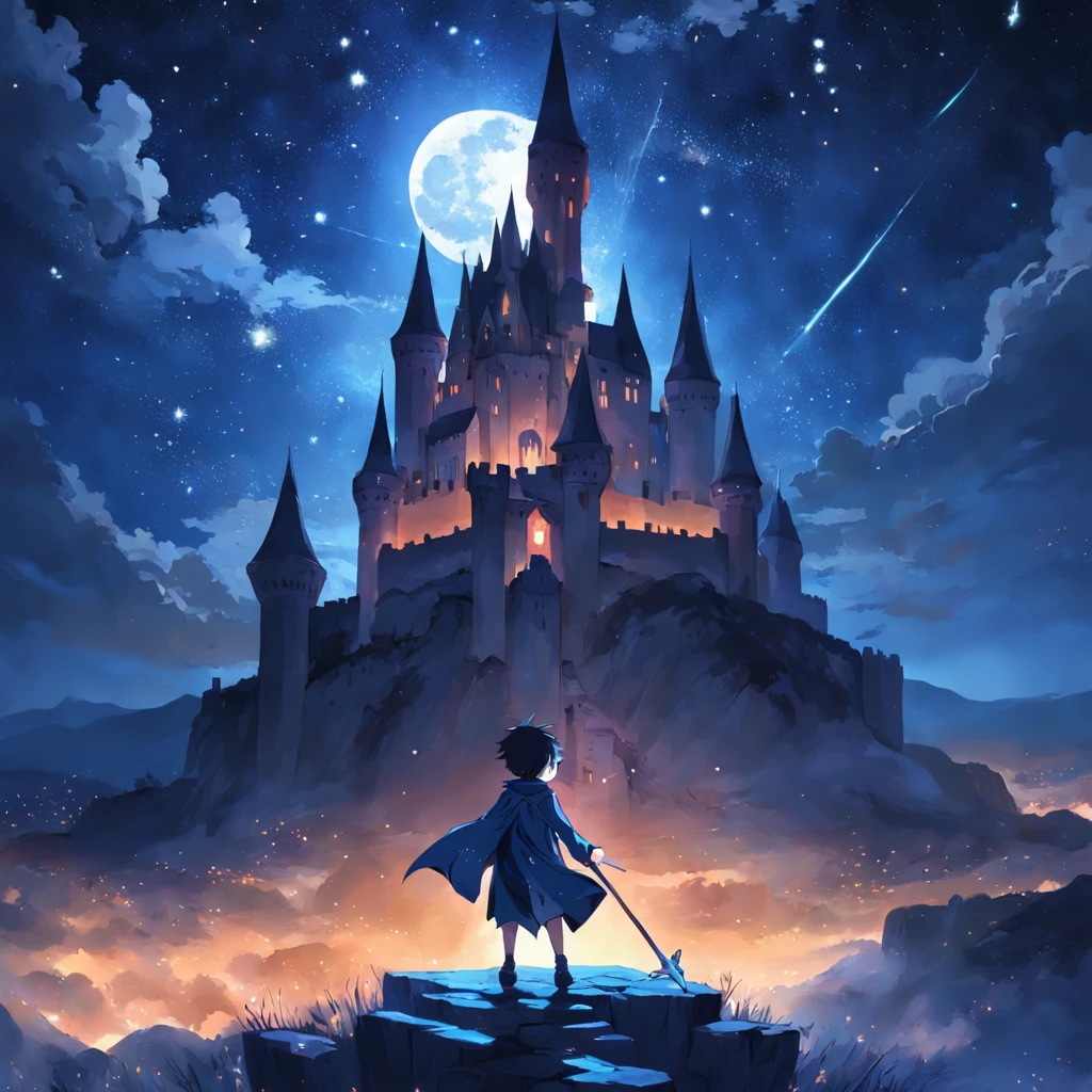 Old castle，under the starry night sky，1boy，holding a magical staff，mystical aura，Moon Night。