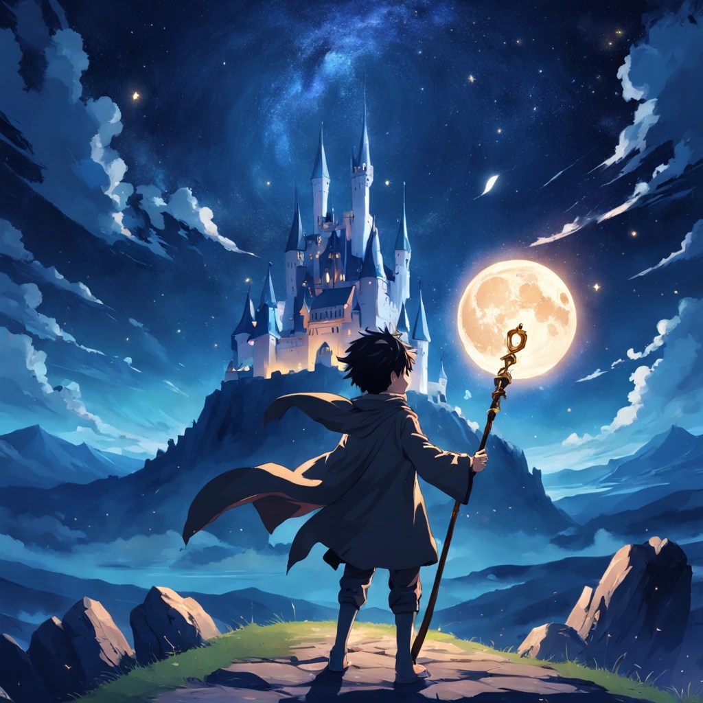 Old castle,under the starry night sky,1boy,holding a magical staff,mystical aura,Moon Night。
