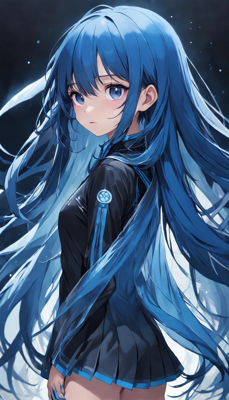 s girl,Facial maturity,Handsome,blue hairs,Jellyfish head,Height 165,Sportswear in black and blue tones,The whole body is covered with black bandages