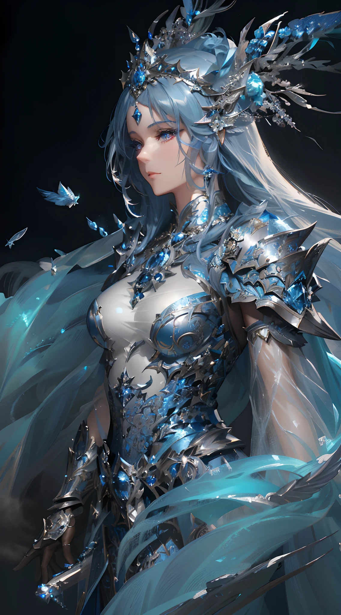 a close up of a woman in a blue dress with a feathered headpiece, detailed fantasy art, epic exquisite character art, 2. 5 d cgi anime fantasy artwork, stunning character art, 4k fantasy art, pale blue armor, highly detailed fantasy art, detailed fantasy digital art, clothed in ethereal armor, fantasy art style, beautiful armor, beautiful fantasy art
