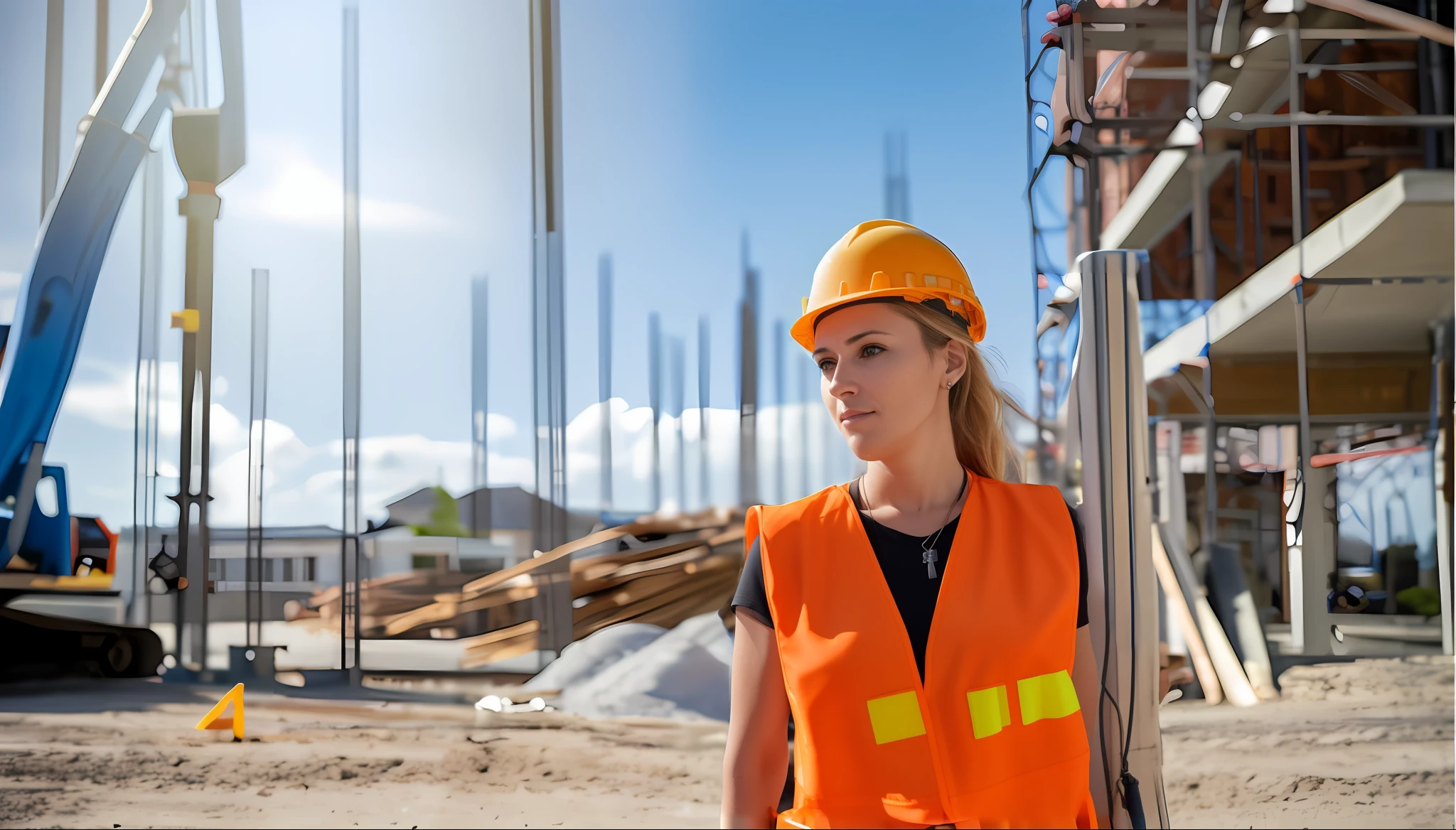 arafed woman in an orange vest and safety vest standing in front of a construction site, portrait shot, construction, portrait, closeup photograph, close portrait, photo taken in 2 0 2 0, woman, photo portrait, portrait image, profile image, avatar image, waist - up, a portrait, photo of a woman, pictured from the shoulders up, portrait photo