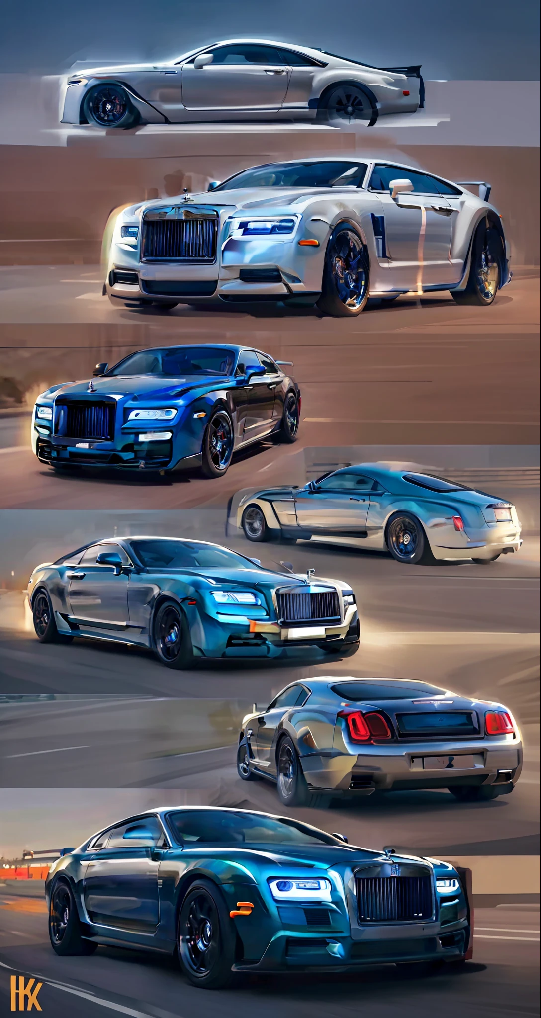 Rolls Royces, cars, art, highly detailed, masterpiece, precise, super detailed, best quality, 4K, multicolor painting, wide angle