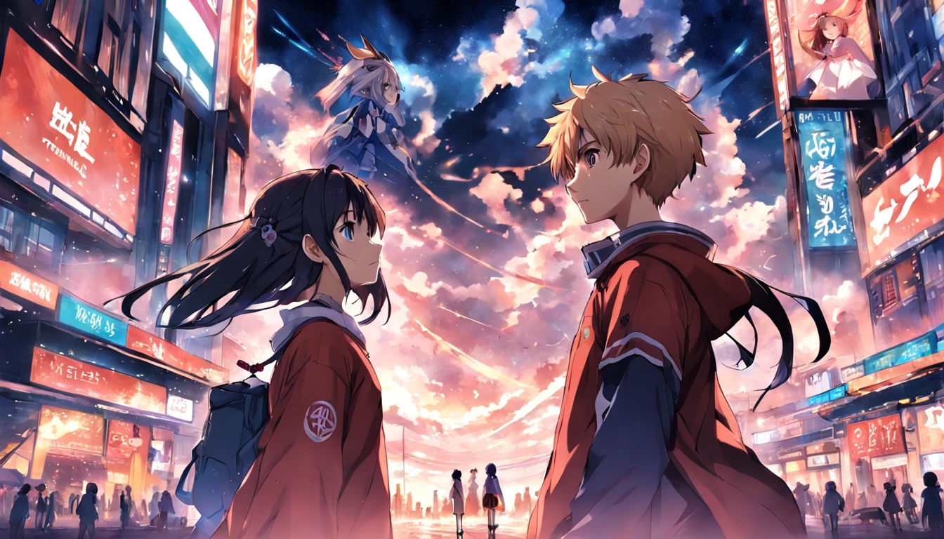 A banner for a youtube channel about movies and series, estilo anime, 1boy, 1girl, correndo