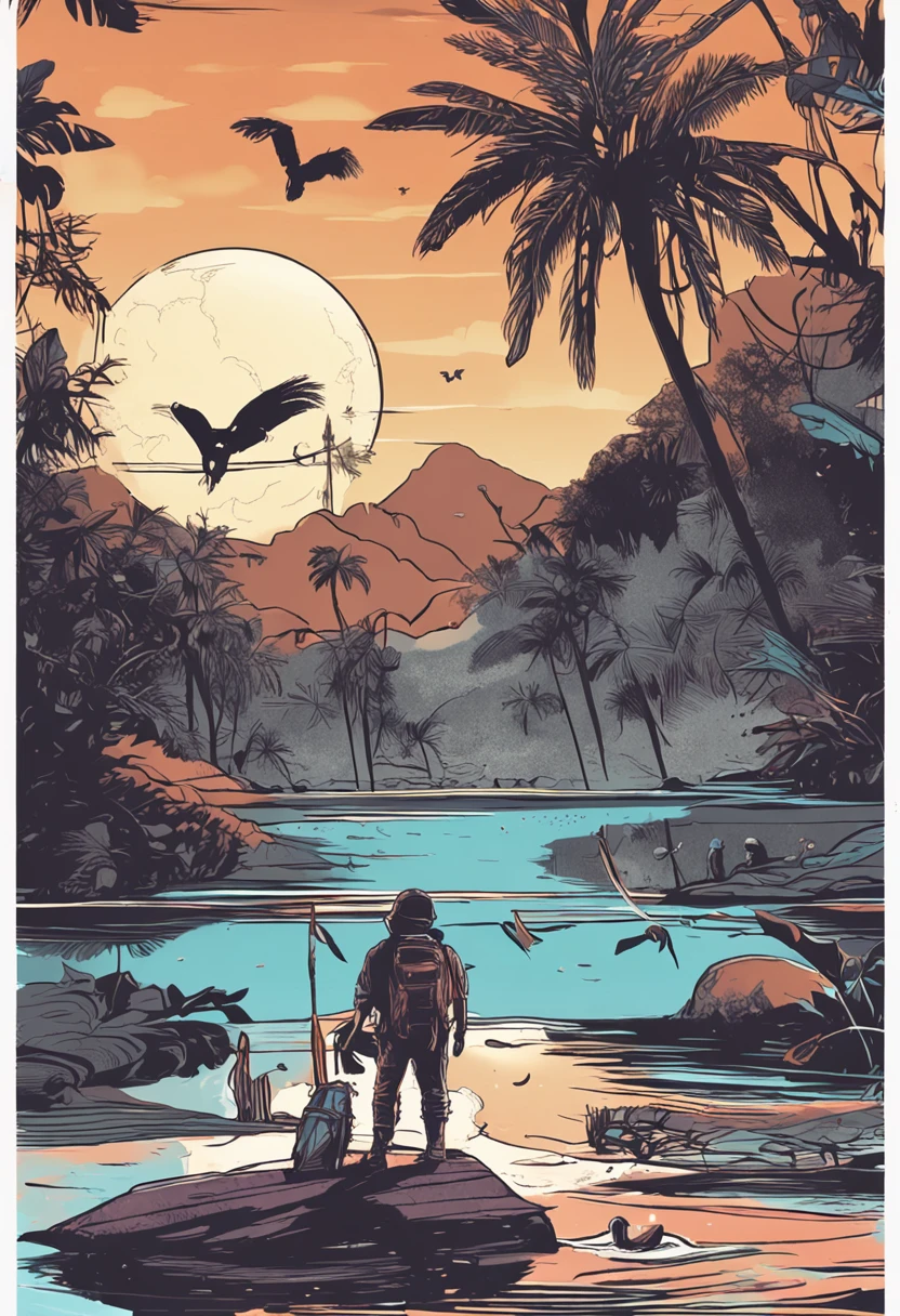 （（best qualtiy））， （（tmasterpiece））， （A detailed：1.4），Enhanced dynamic perspective，jungles，nighttime scene，starrysky，（darkly：1.4），（（Baby adventurer standing in front of supergiant butterfly，Butterflies spread their huge wings，shimmering under the moonlight，A starry stream flowed in front of him）），Crocodiles float on the water，（Adventurer backpack），（weeds），florals，（（（adventurer clothing））），Glow effects，super-fine，Works of masters，high qulity，8K分辨率，depth of fields，电影灯光，Epic shooting，high qulity，super-fine，Detailed pubic hair，Accurate，Cinematic lighting