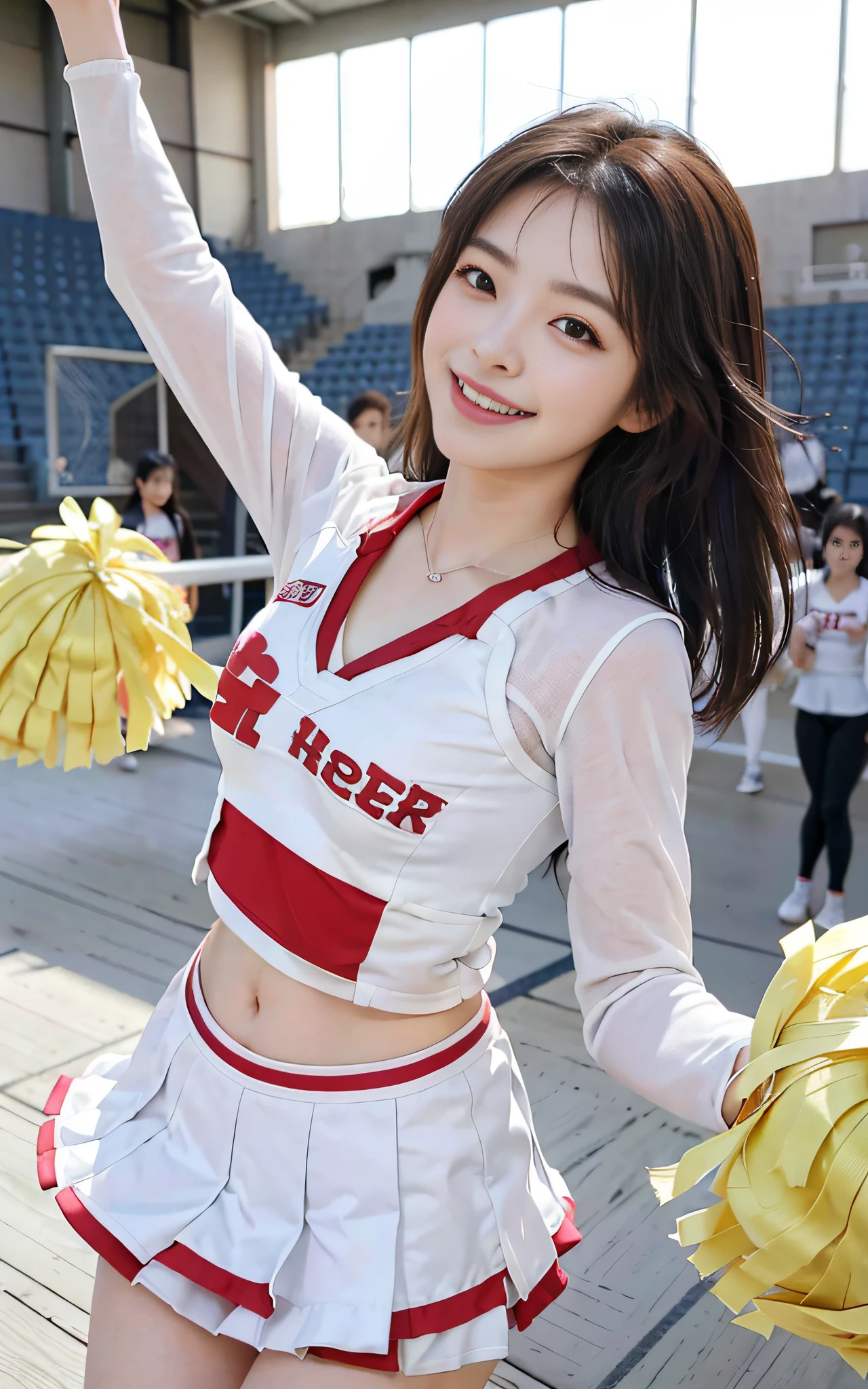 highest quality, masterpiece, Ultra-high resolution, Original photo, Ultra-high resolution,3 Girls, ((Multiple Girls group)), slender body, high waist,Flashy makeup,Big smile,flowing hair,whole body visible,stadium field background,topless nude, erect nipples, cheerleading, dancing, miniskirt