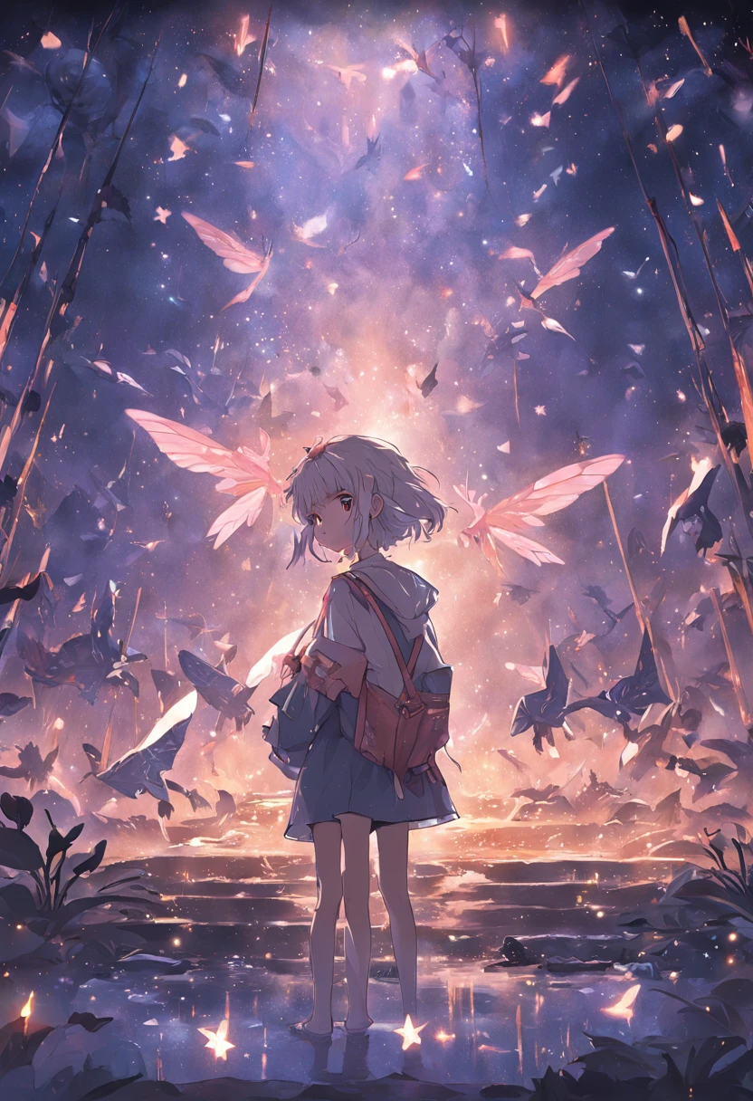 ((best qualtiy)), ((tmasterpiece)), (A detailed:1.4),Enhanced dynamic perspective,jungles,nighttime scene,starrysky,(darkly:1.4),((Baby adventurer standing in front of supergiant butterfly,Butterflies spread their huge wings,shimmering under the moonlight,A starry stream flowed in front of him)),Crocodiles float on the water,(Adventurer backpack),(weeds),florals,(((adventurer clothing))),Glow effects,super-fine,Works of masters,high qulity,8K分辨率,depth of fields,电影灯光,Epic shooting,high qulity,super-fine,Detailed pubic hair,Accurate,Cinematic lighting