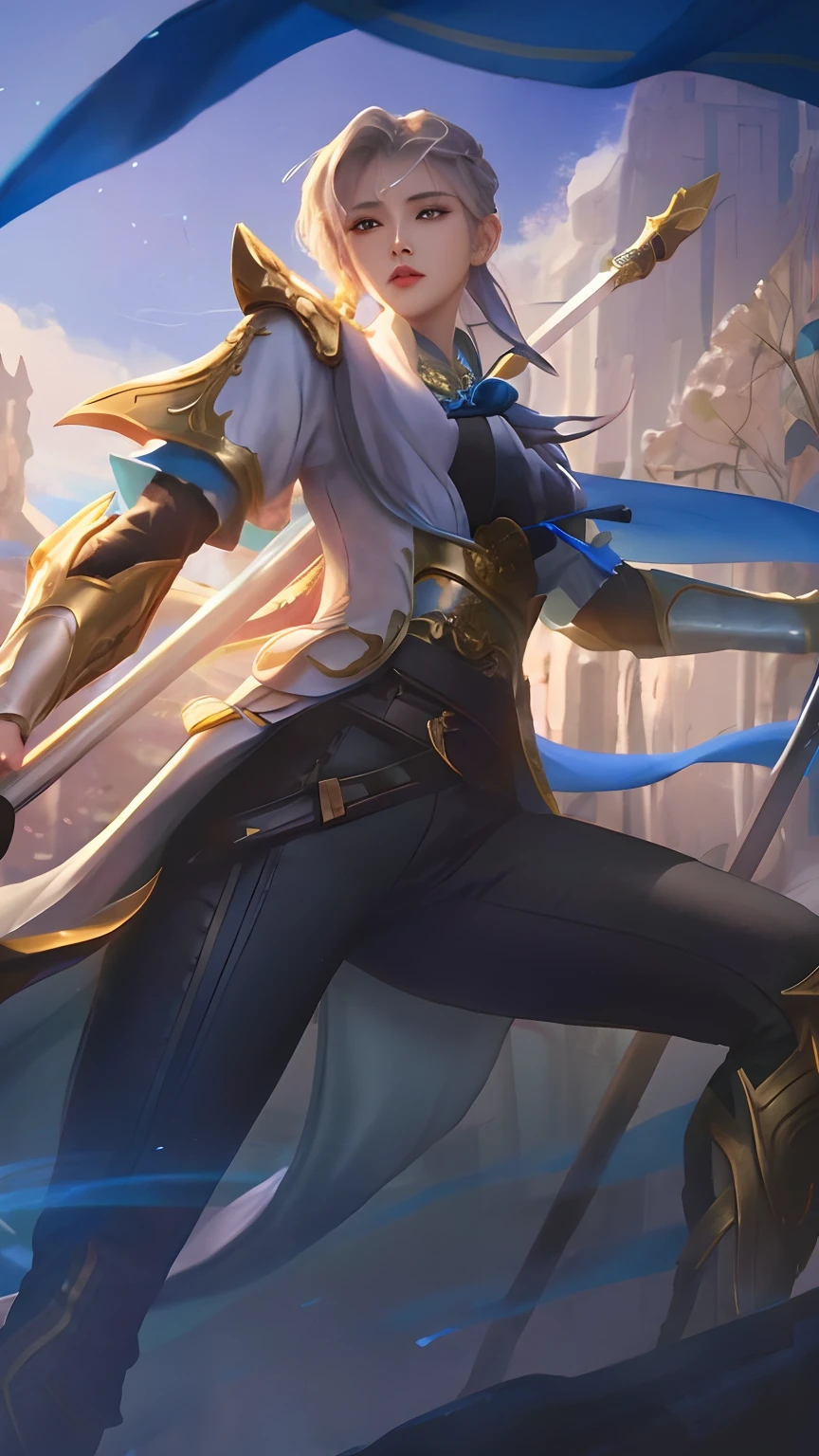a woman in a white shirt and black pants holding a sword, extremely detailed artgerm, ashe, keqing from genshin impact, inspired by Huang Shen, mobile wallpaper, style artgerm, ig model | artgerm, league of legends character, style of artgerm, taliyah, delicate androgynous prince, beautiful androgynous prince