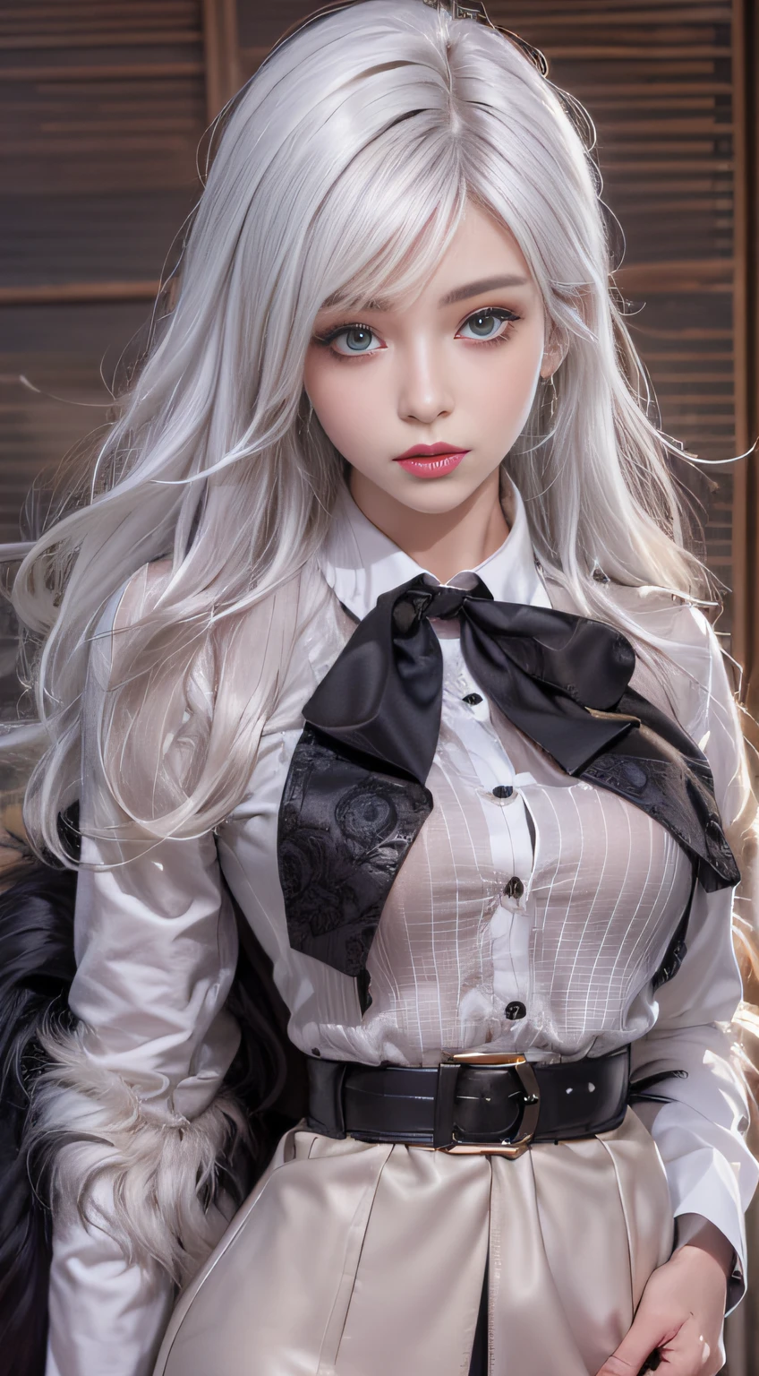 Photorealistic, high resolution, 1 Women, Solo, Waist up, Beautiful eyes, Close lips, Detailed face, White hair, Long hair, Collared shirt, black necktie,Black skirt, pencil skirts, Fur coat, Stockings