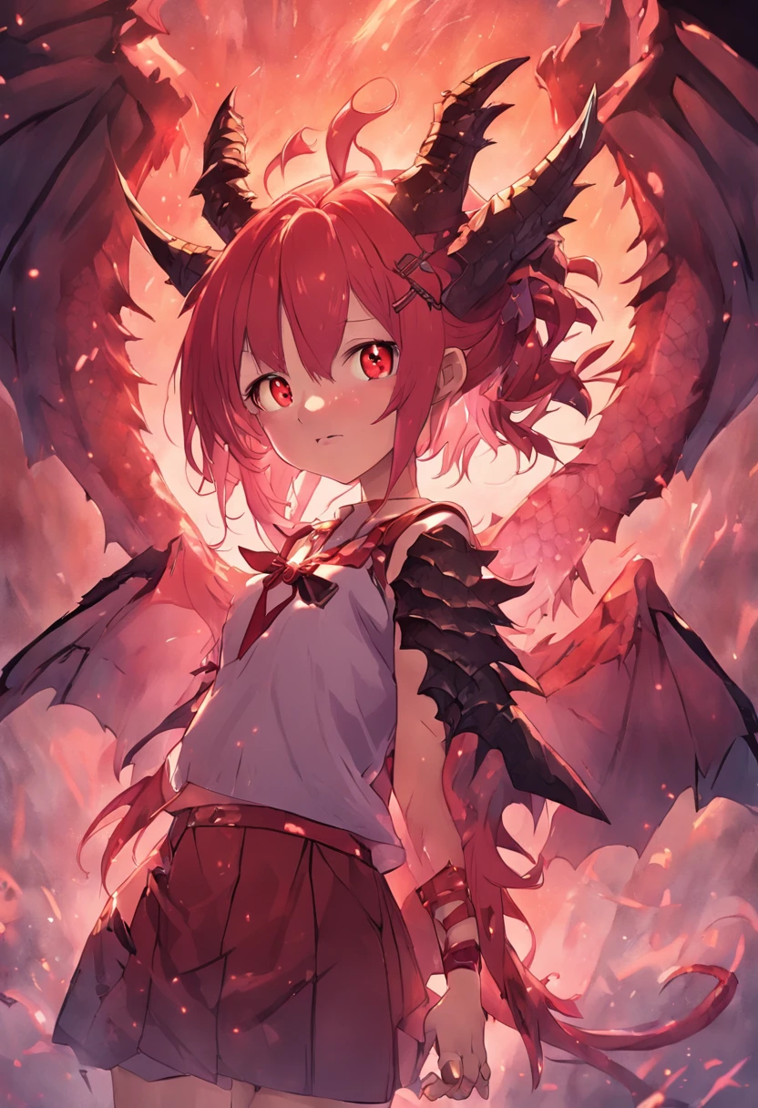 Dragon Tribe Girl、One-winged girl with twin tails and horns with light red hair、Girl with double teeth、wings growing on the back、One-winged devil、Devil Girl、Dragon Daughter、No highlights in the eyes