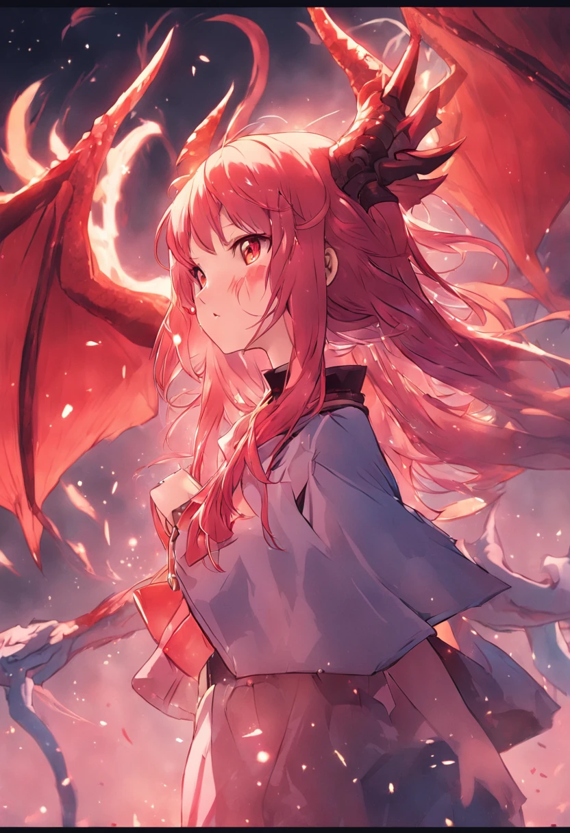 Dragon Tribe Girl、One-winged girl with twin tails and horns with light red hair、Girl with double teeth、wings growing on the back、One-winged devil、Devil Girl、Dragon Daughter、No highlights in the eyes