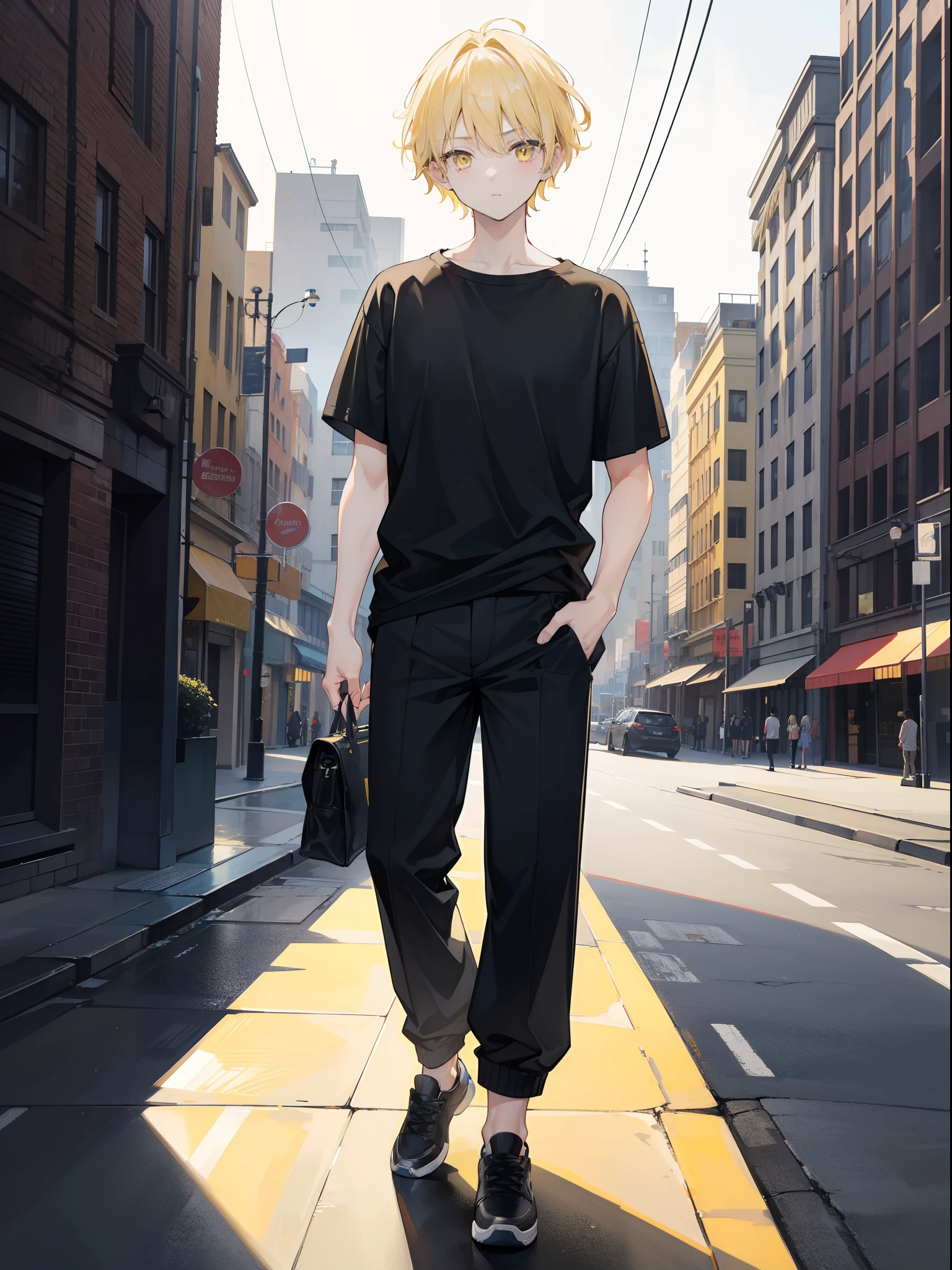 1boy, blonde, medium hair, yellow eyes, wearing plain black t-shirt and full pants, looking at viewer, standing, city, absurdres, high res, ultrasharp, 8K, masterpiece
